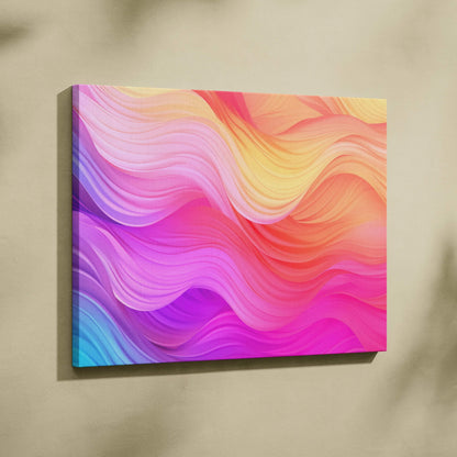 Abstract canvas wall art featuring flowing waves in pink, purple, orange, and blue tones.