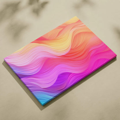 Colorful abstract digital art on canvas with flowing wave patterns in pink, orange, purple, and blue tones.