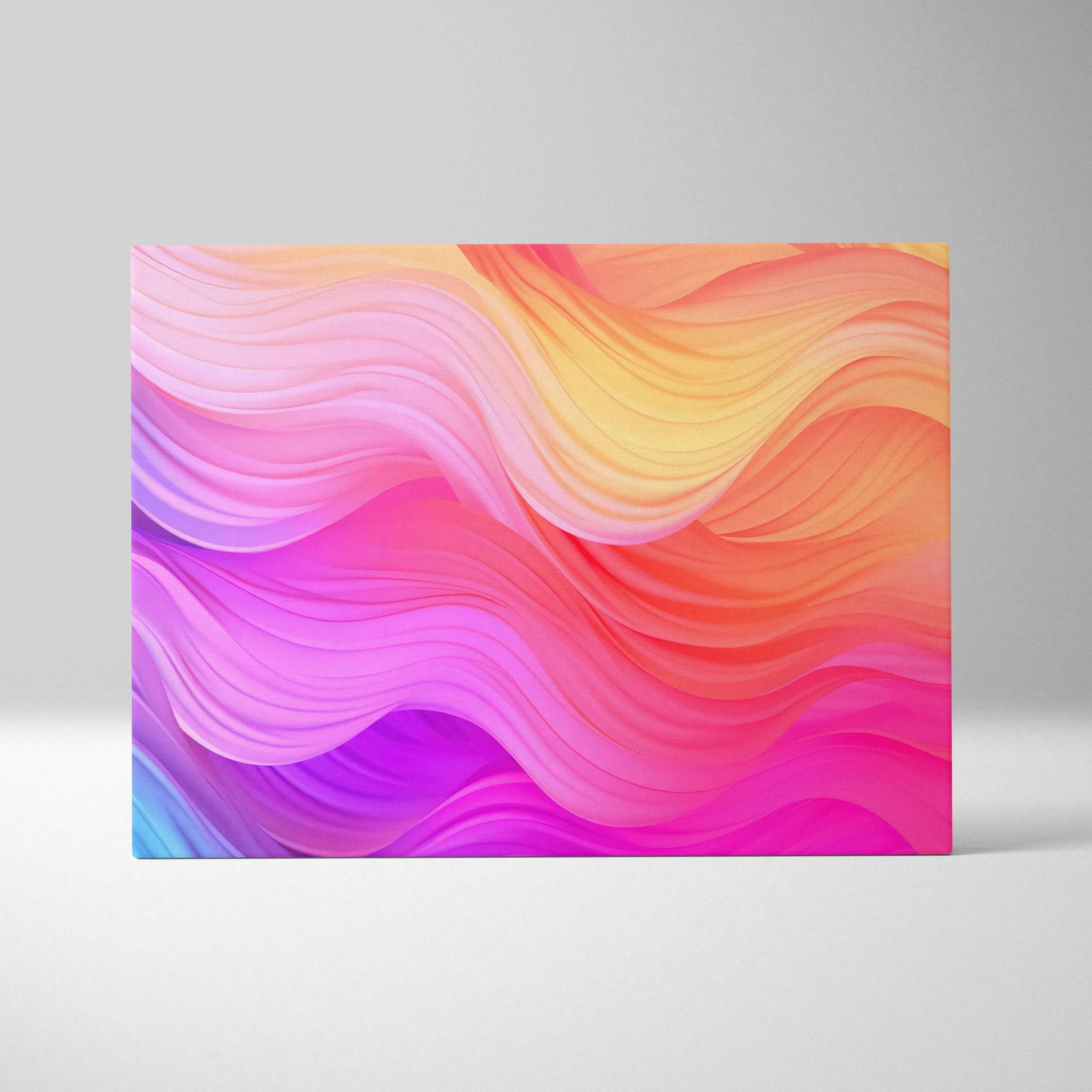 Abstract canvas wall art with flowing wavy lines in pink, orange, yellow, and purple hues.
