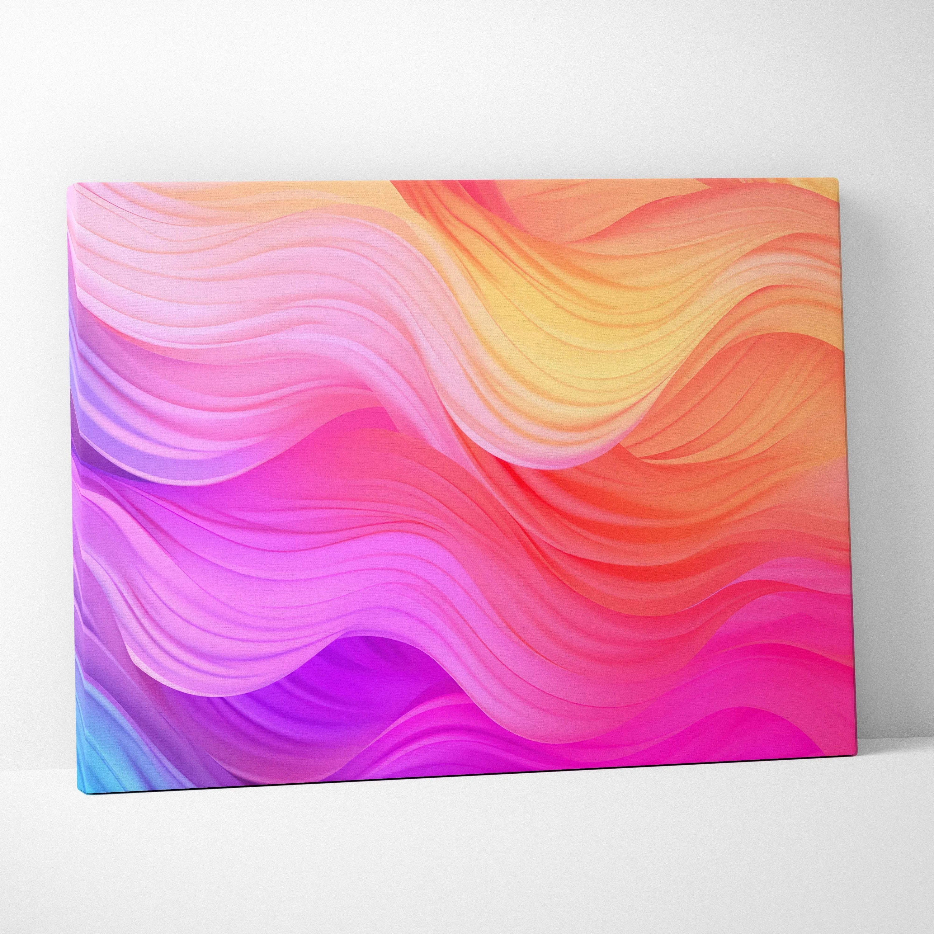 Abstract canvas wall art with flowing wave patterns in pink, orange, yellow, and purple tones.
