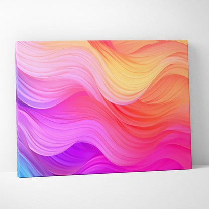 Abstract canvas wall art with flowing wave patterns in pink, orange, yellow, and purple tones.
