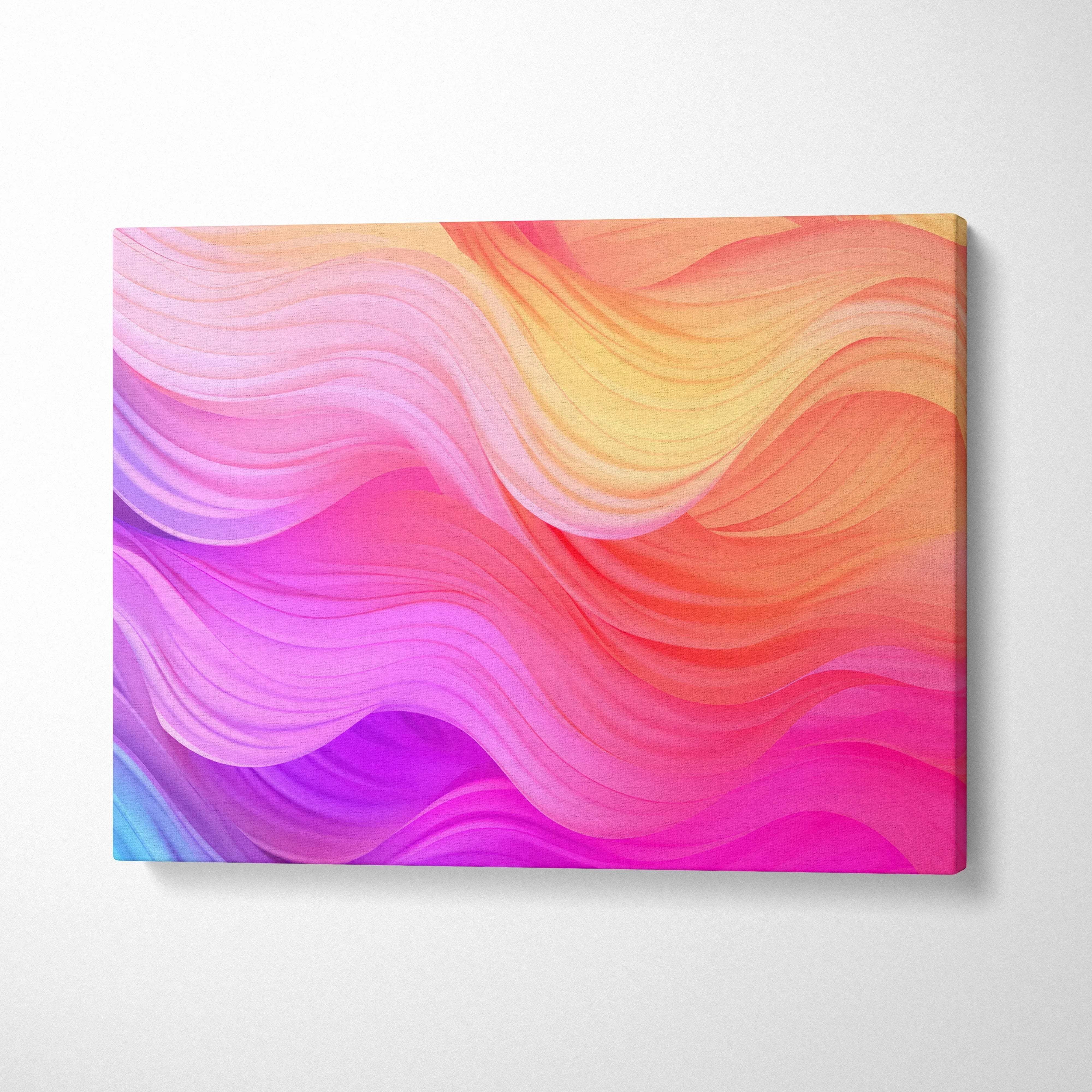 Abstract canvas art with vibrant wavy lines in pink, orange, yellow, and purple tones for wall art.