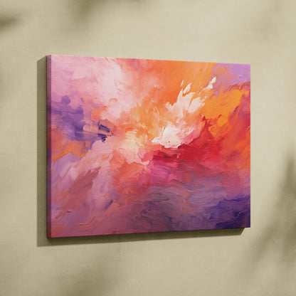 Abstract canvas art with vibrant pink, orange, and purple brushstrokes for wall decor.