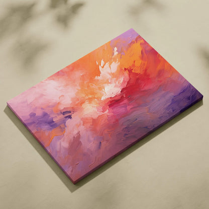 Abstract digital canvas art with vibrant reds, purples, oranges, and pinks blending in fluid, cloud-like shapes.