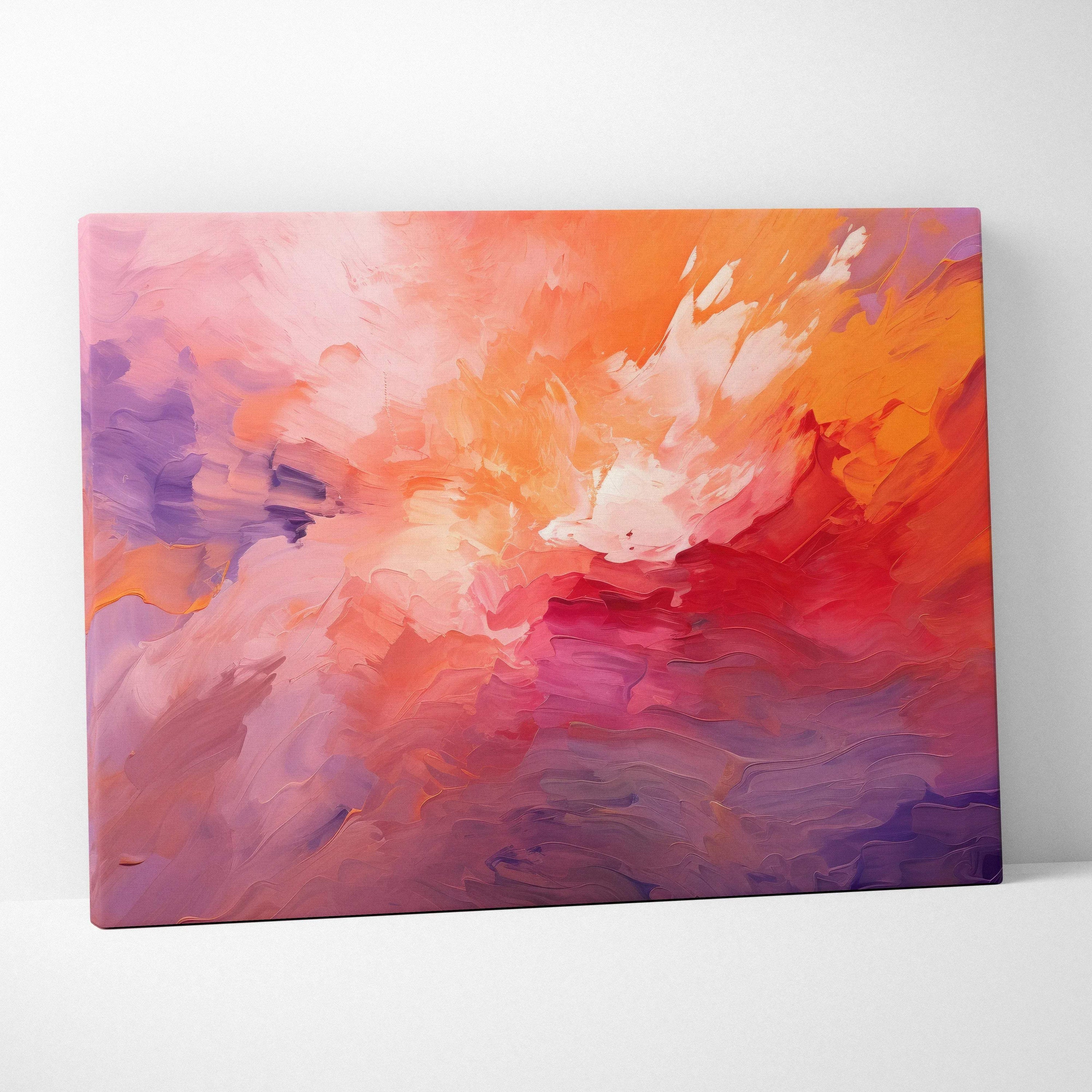 Abstract canvas art with vibrant orange, pink, red, and purple brushstrokes blending in a dynamic digital painting for wall.