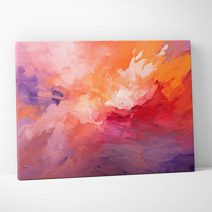 Abstract canvas art with vibrant orange, pink, red, and purple brushstrokes blending in a dynamic digital painting for wall.