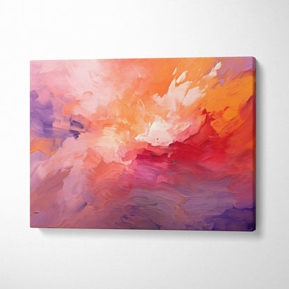 Abstract digital painting on canvas with vibrant orange, red, pink, and purple hues for wall art.