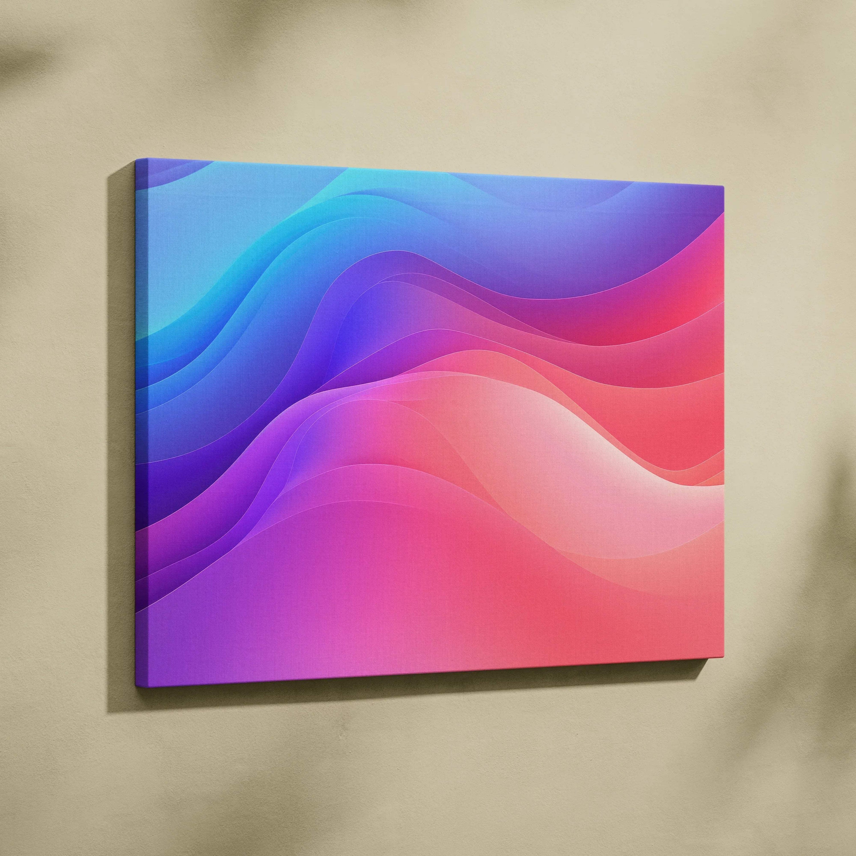 Abstract digital canvas art with smooth gradient waves in blue, purple, pink, and coral tones.