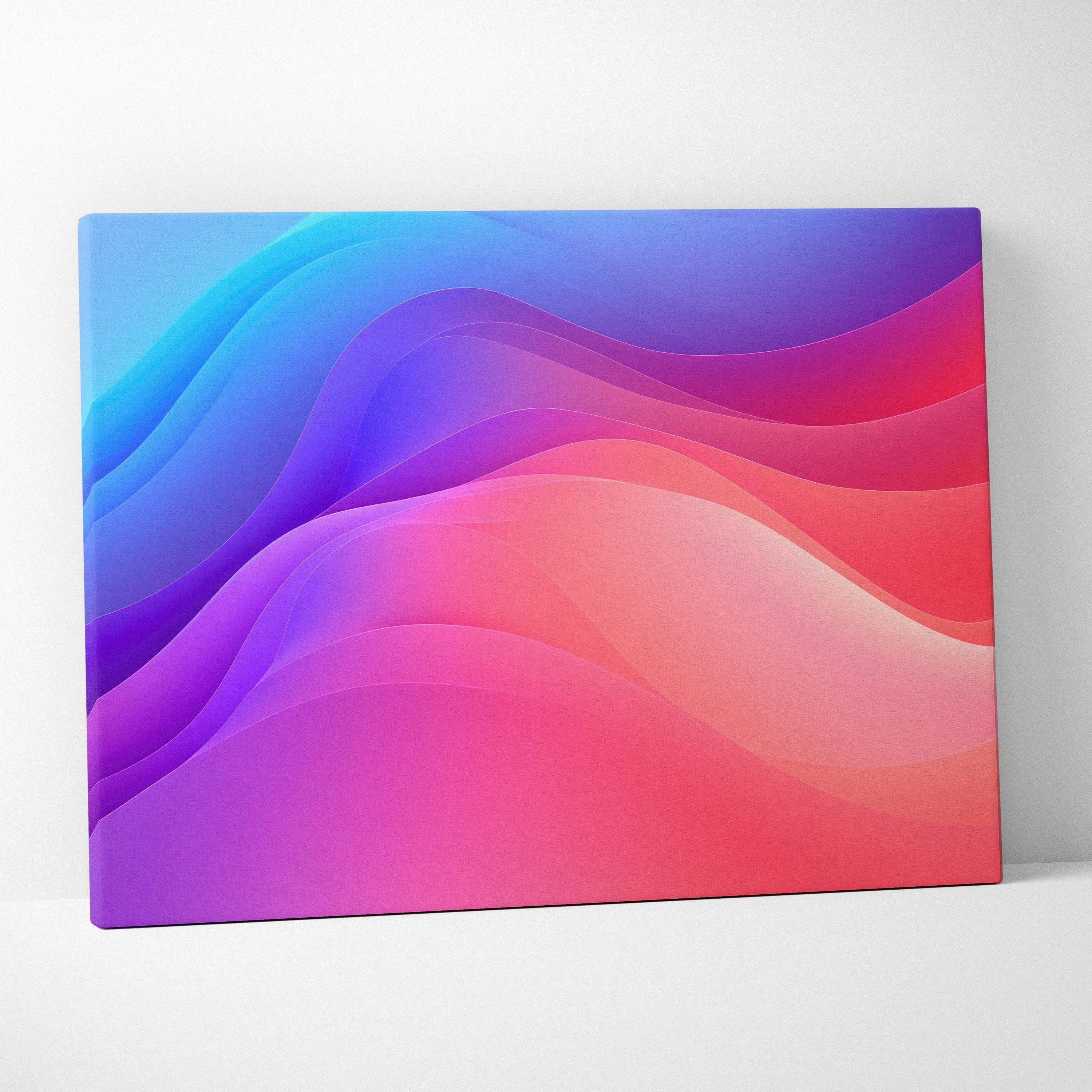 Abstract canvas wall art with smooth flowing waves in vibrant blue, purple, pink, and red tones.