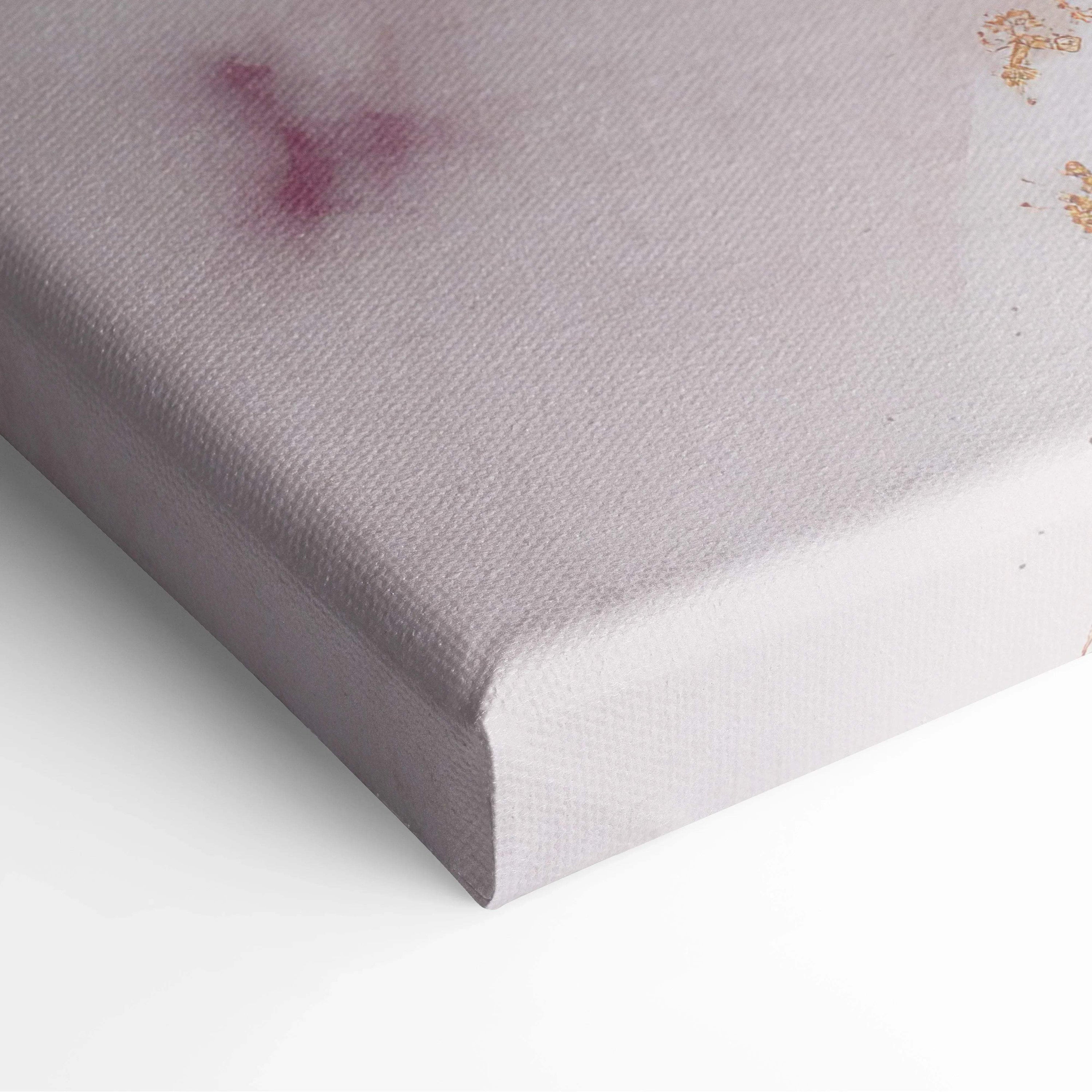 Abstract canvas art with soft gray background and subtle hints of purple and gold accents on textured fabric.