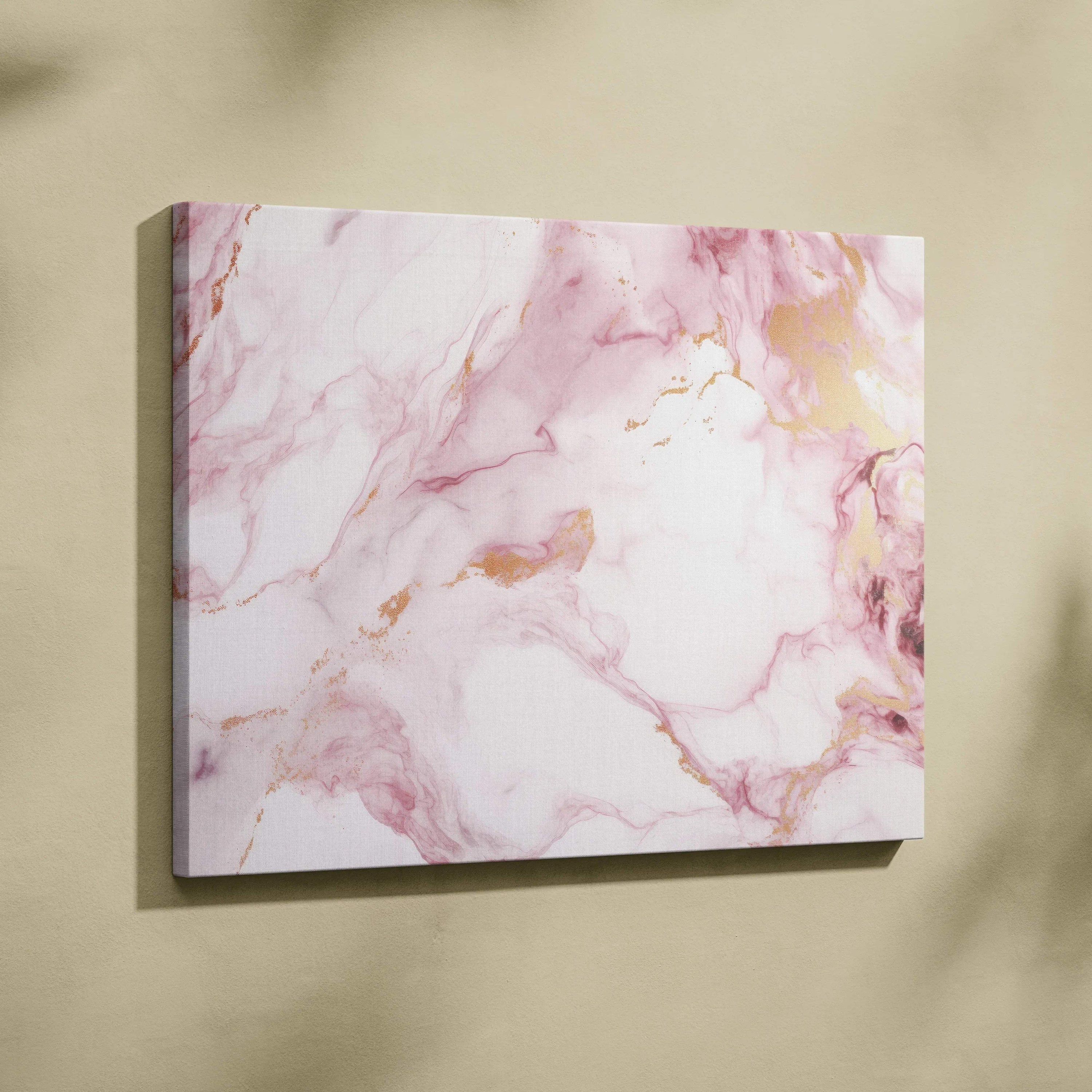 Abstract pink and gold marble pattern canvas art wall print with smooth texture.