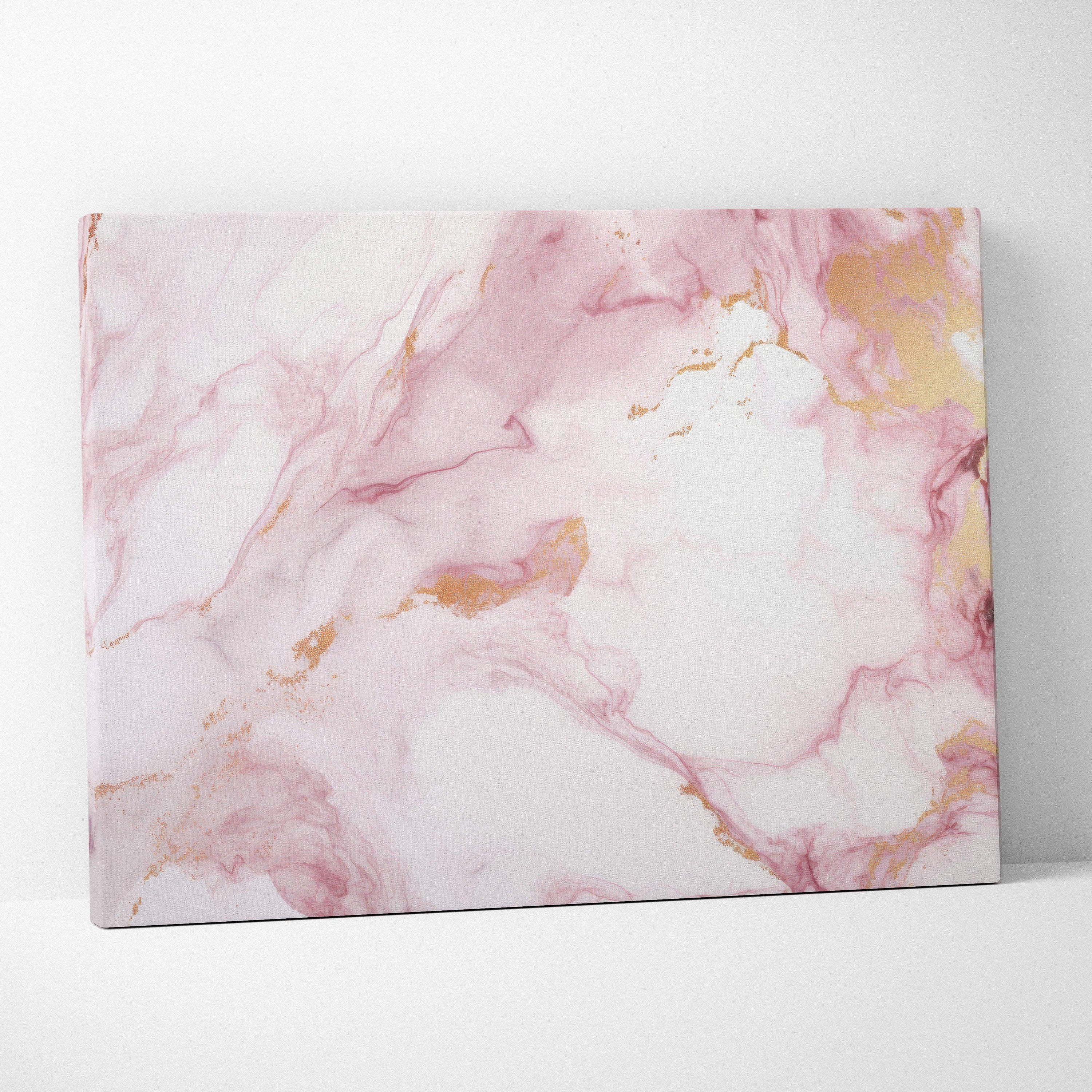 Abstract digital art canvas with soft pink and white marble swirls and gold accents.