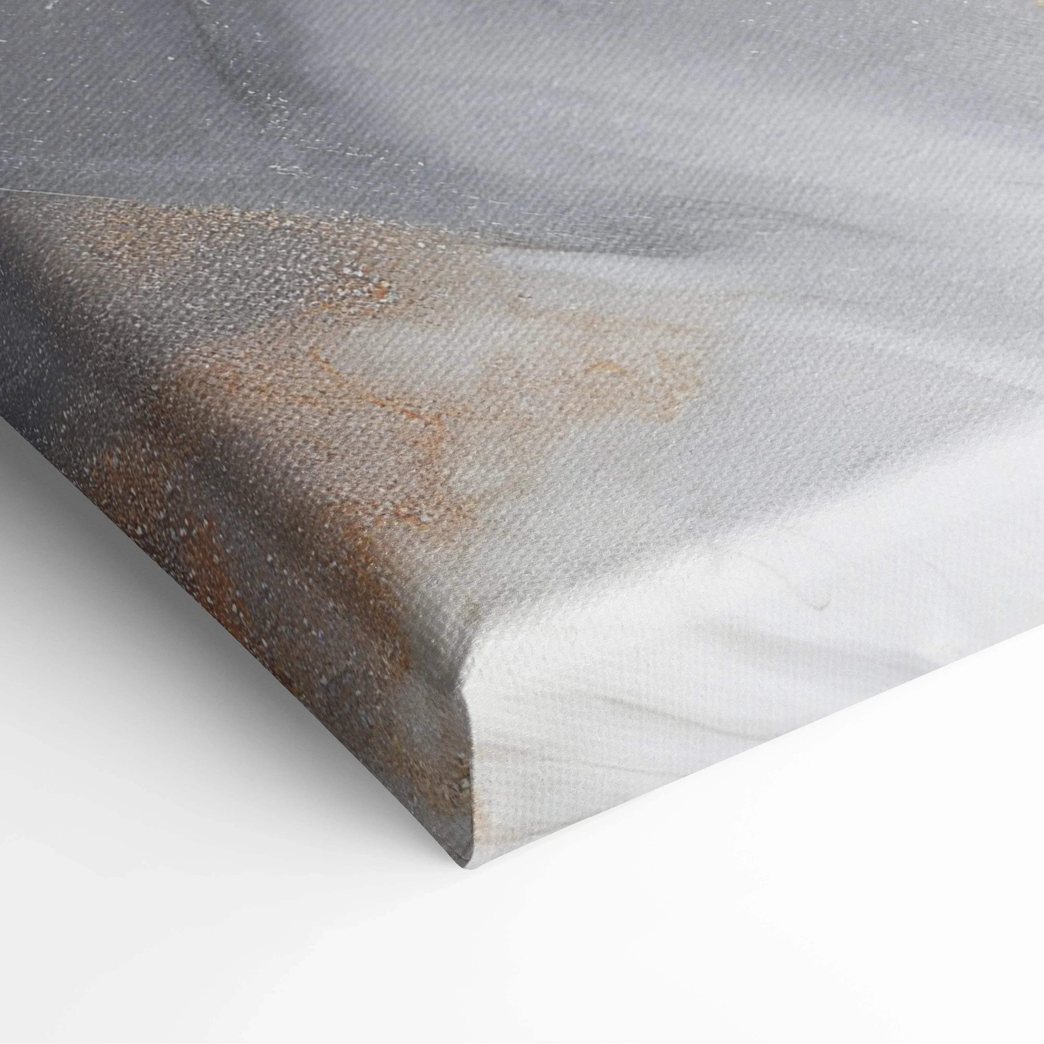 Abstract marble wave canvas wall art in soft gray taupe with gray and white marble pattern and textured rust-colored edge