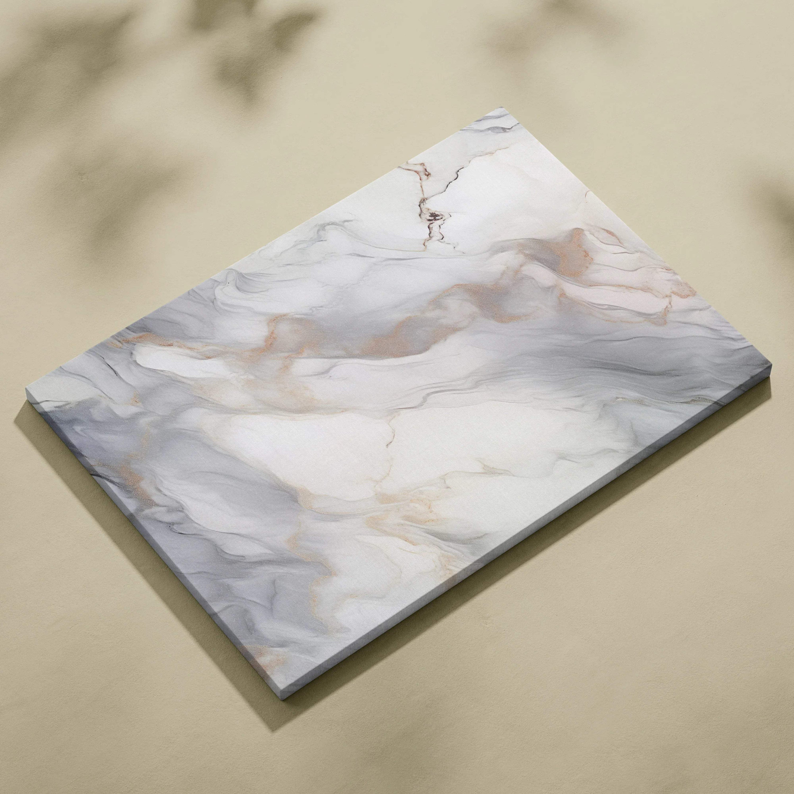 Abstract canvas wall art with soft grey, white, and subtle copper marbled swirls on smooth surface.