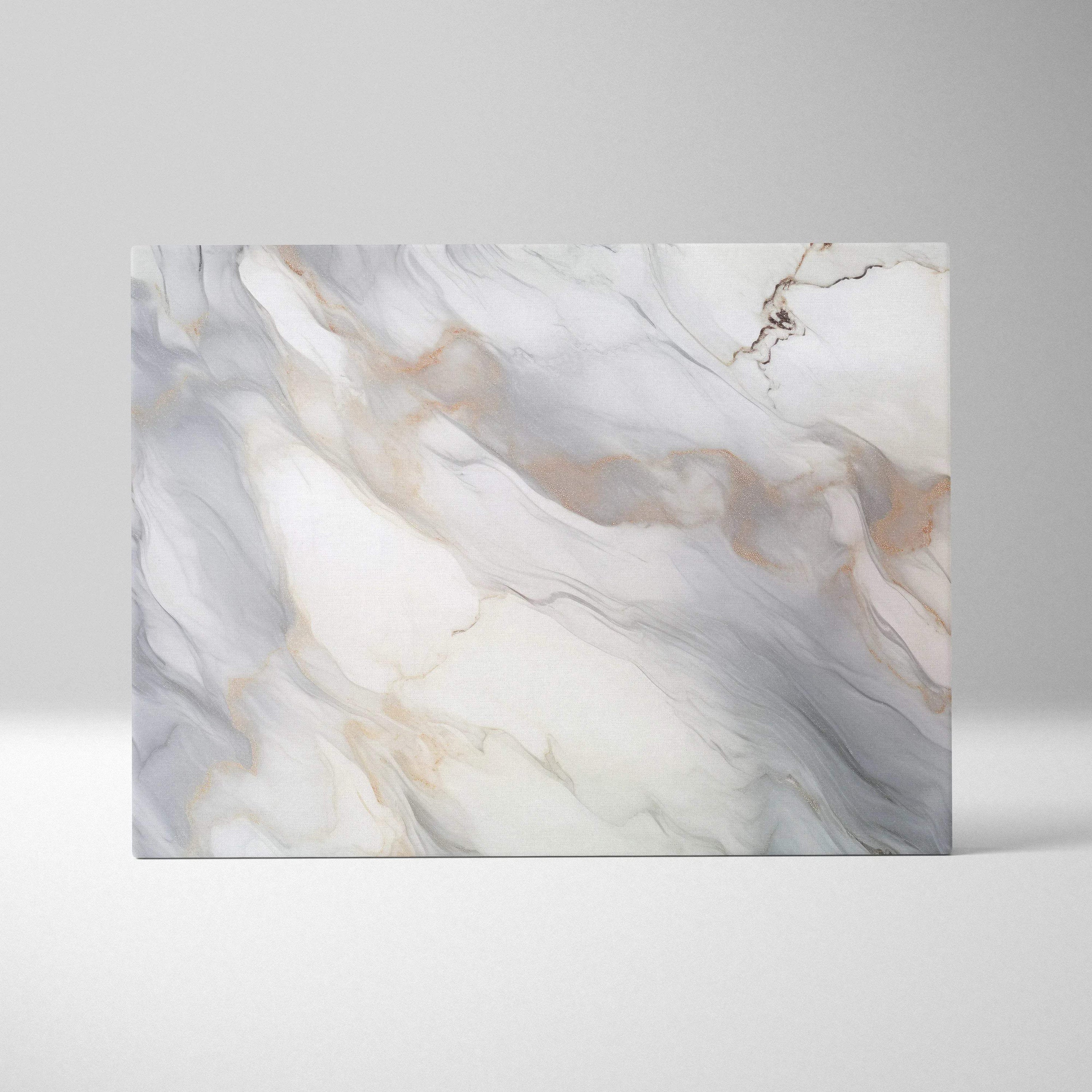 Abstract canvas wall art with swirling white, gray, and beige marble-like patterns.