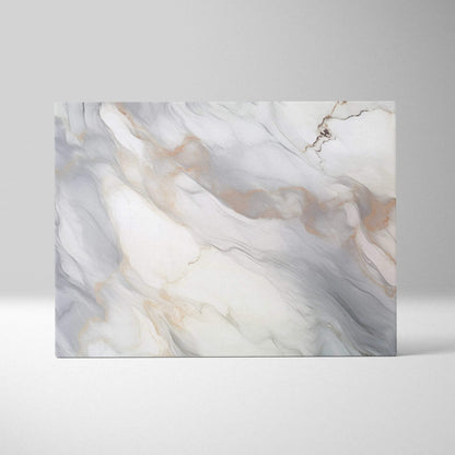 Abstract canvas wall art with swirling white, gray, and beige marble-like patterns.