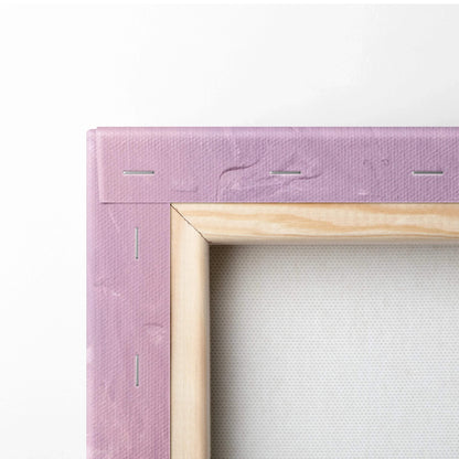 Close-up of wooden stretcher frame with purple-backed canvas for modern abstract wall art canvas print.