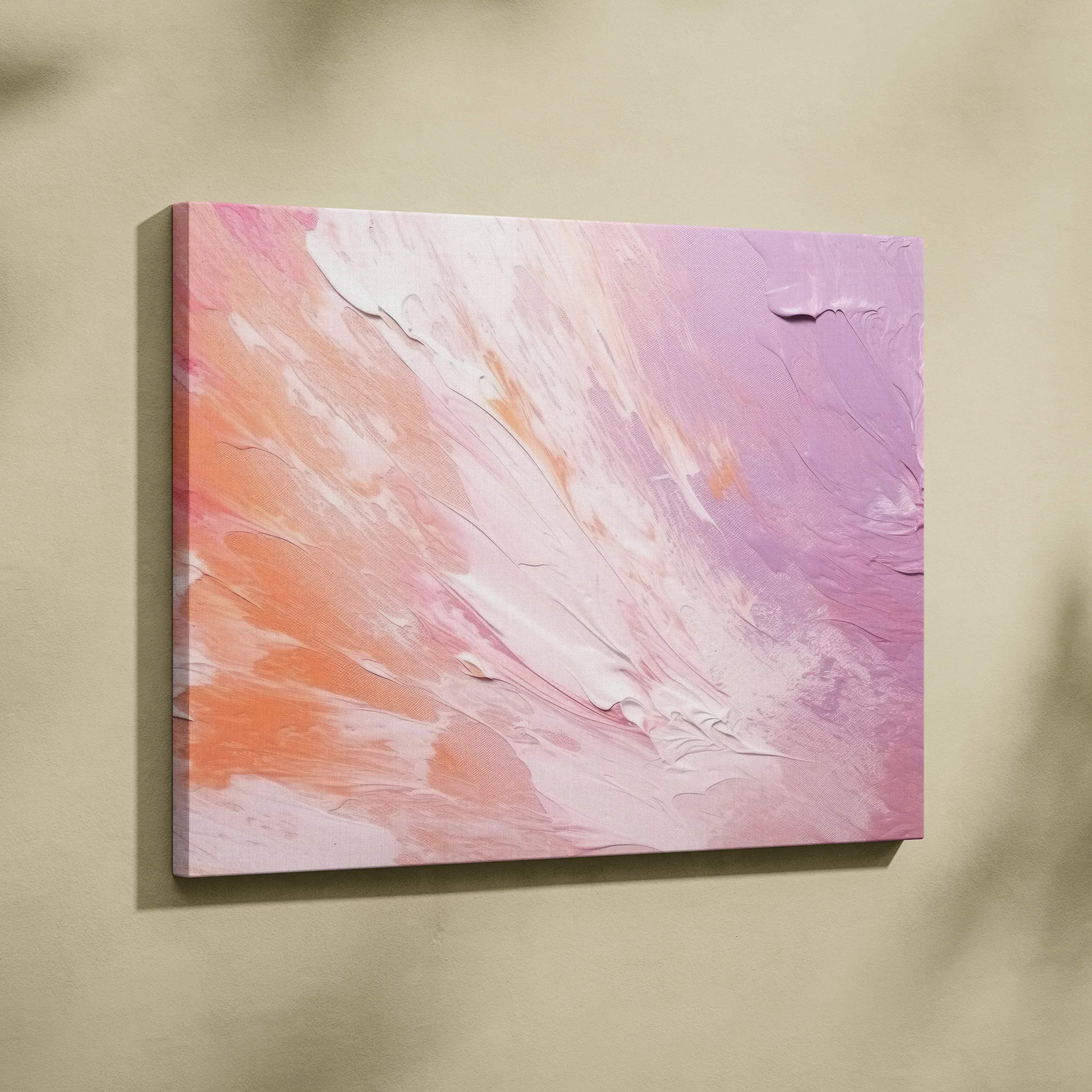 Soft pastel abstract swirls canvas wall art with textured brushstrokes in peach pink and lavender for a calm mood