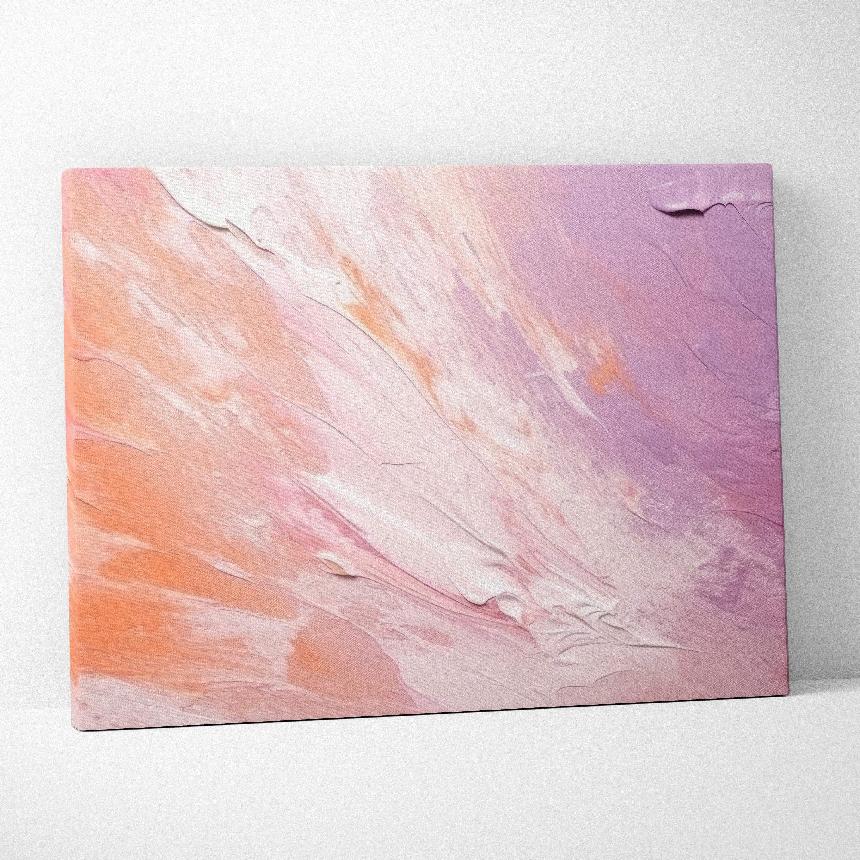 Abstract modern canvas art with textured brush strokes in soft pink, peach, and lavender tones.
