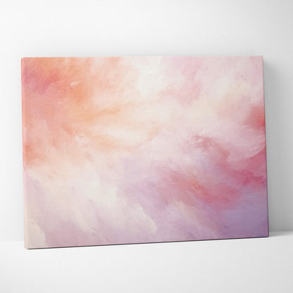 Abstract canvas wall art with soft pastel hues blending peach, pink, and lavender tones.