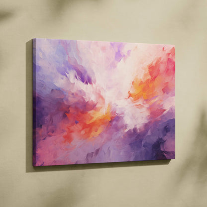 Abstract vibrant pink, purple, and orange digital art on canvas wall art with bold brush strokes.
