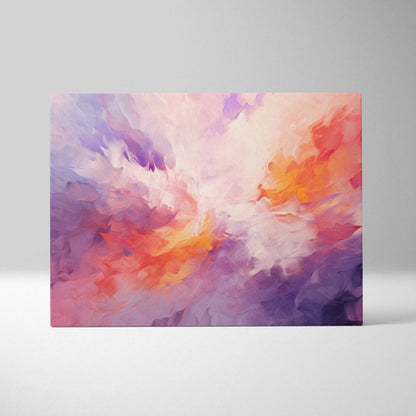 Abstract canvas wall art featuring vibrant swirls of purple, pink, orange, and white in a dynamic digital design.