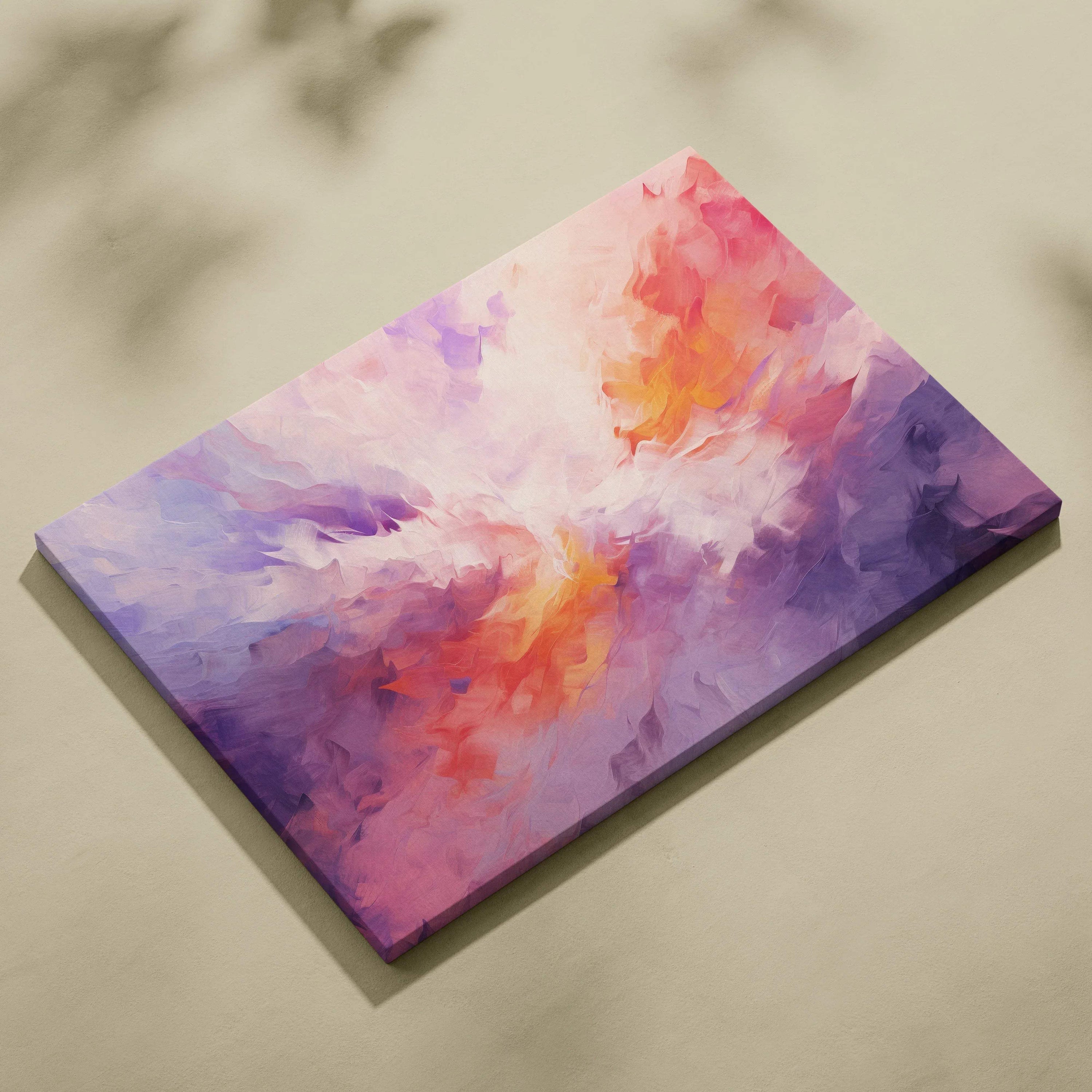Abstract canvas wall art with vibrant pink, purple, orange, and white digital brush strokes.