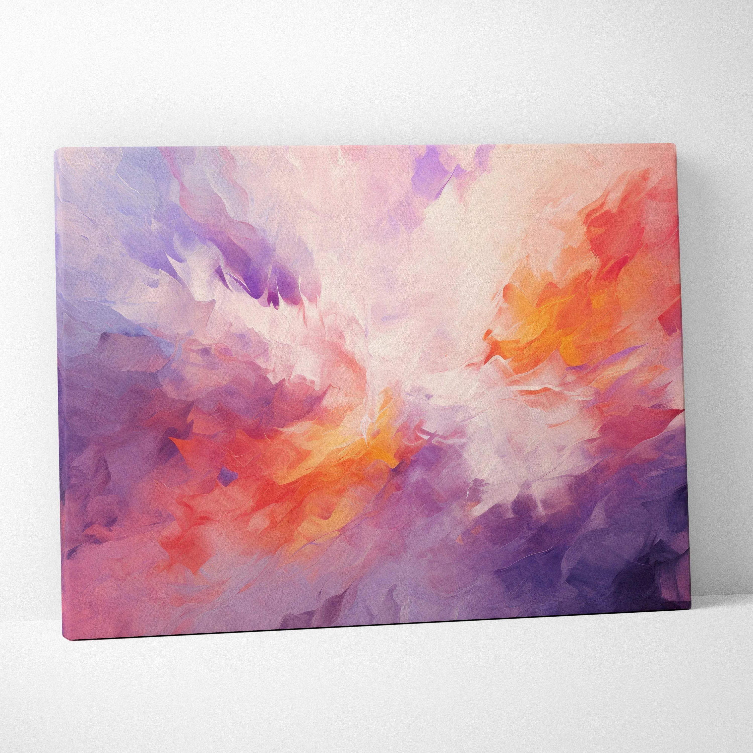 Colorful abstract digital art on stretched canvas featuring vibrant pink, purple, orange, and white swirls for modern wall.