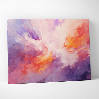 Colorful abstract digital art on stretched canvas featuring vibrant pink, purple, orange, and white swirls for modern wall.