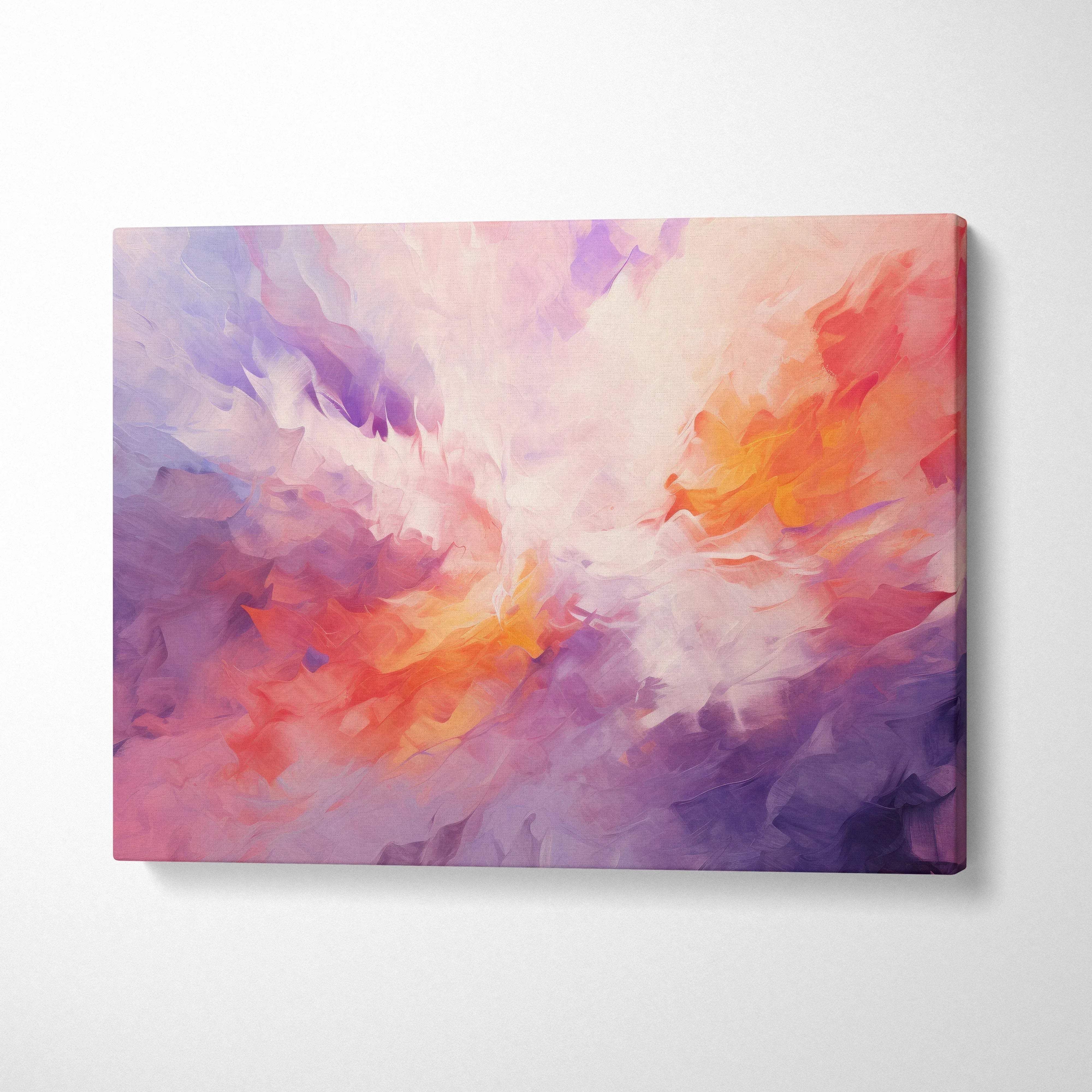 Vibrant abstract digital art canvas wall print with swirling pink, orange, and purple hues.