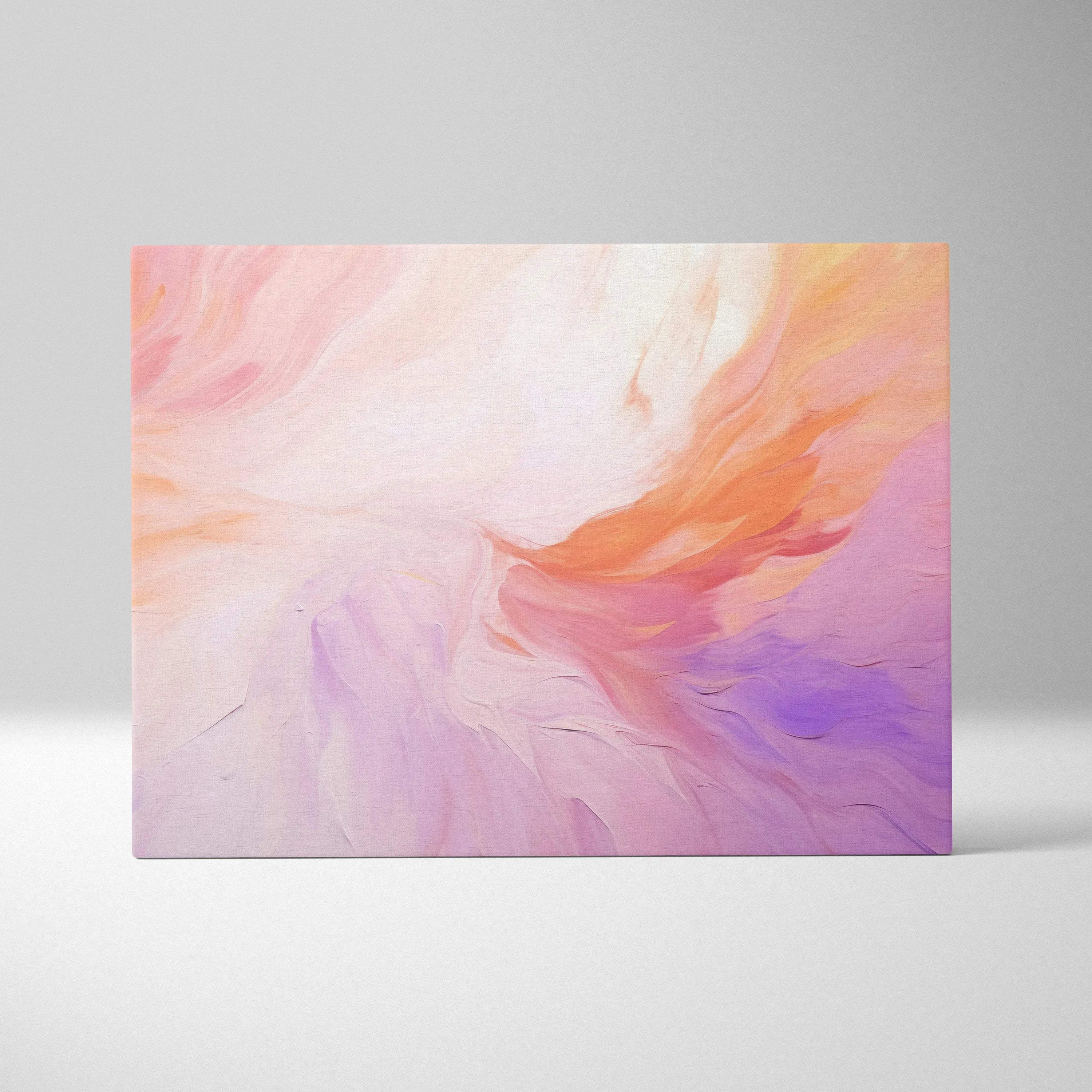 Abstract wall art canvas with soft pink, peach, and lavender swirling digital brushstrokes.