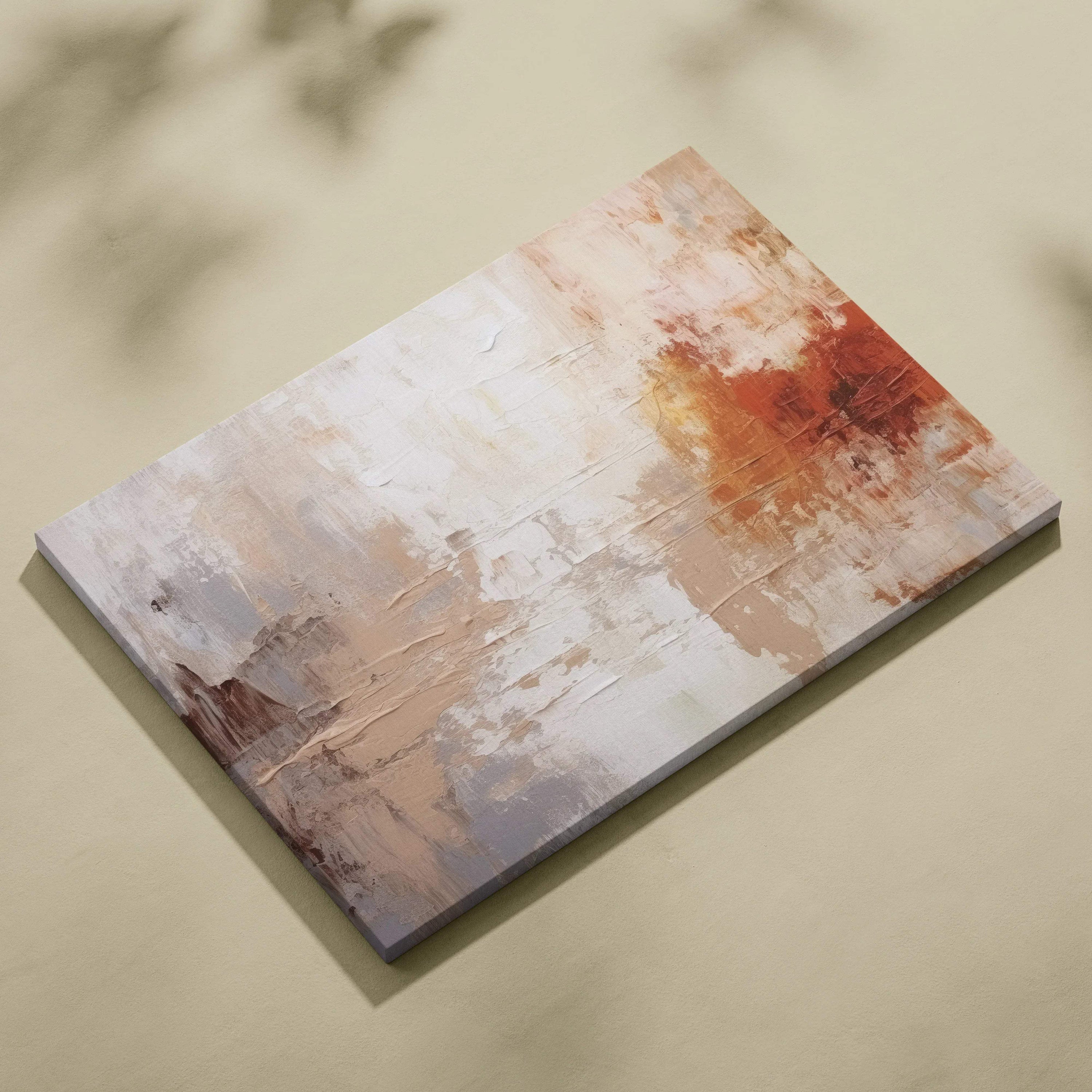 Abstract canvas art with textured brushstrokes in beige, white, and rust tones for modern wall decor.