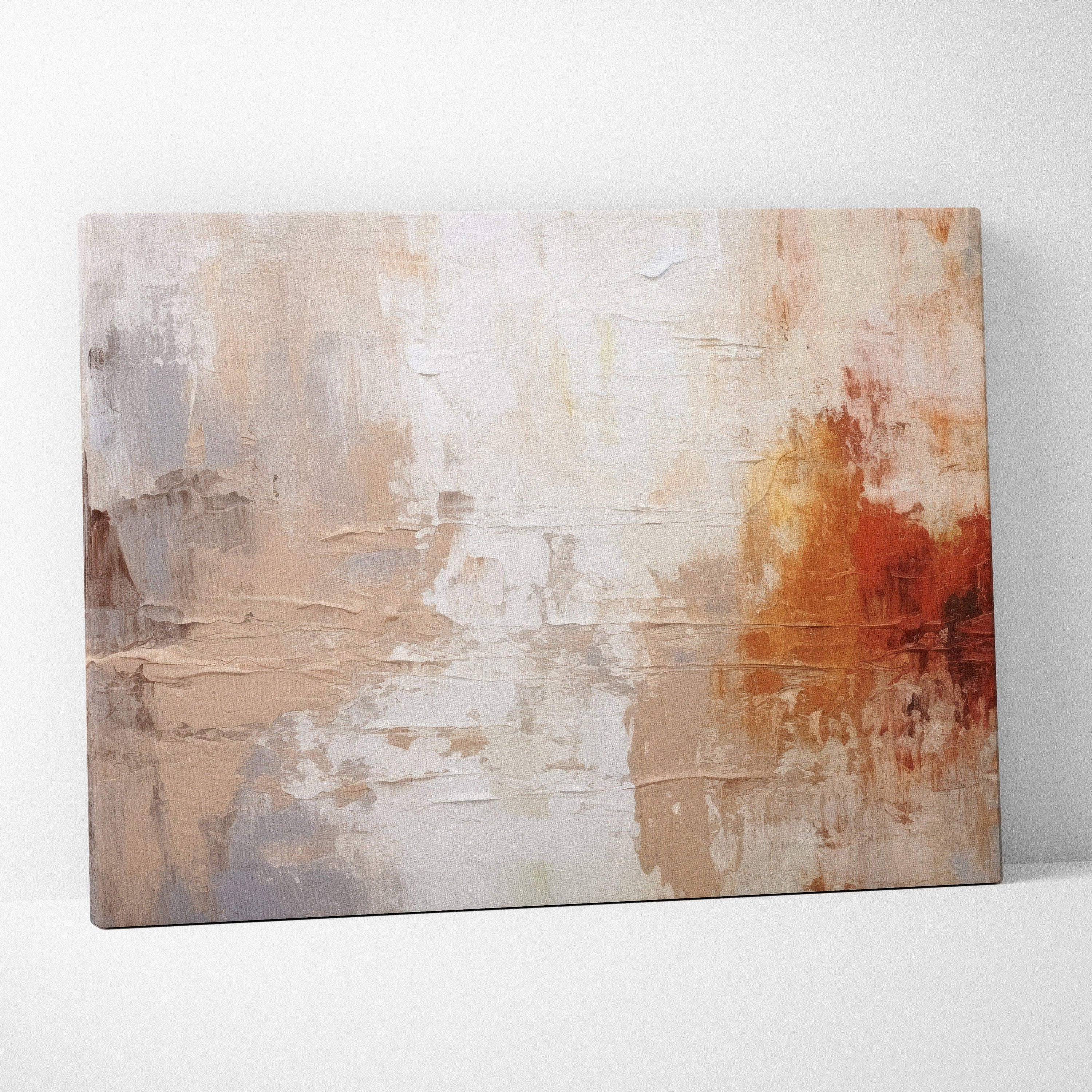 Abstract canvas wall art with textured beige, white, gray, and rust orange tones.
