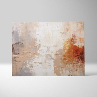 Abstract canvas wall art with textured brushstrokes in beige, white, gray, and rusty orange tones.