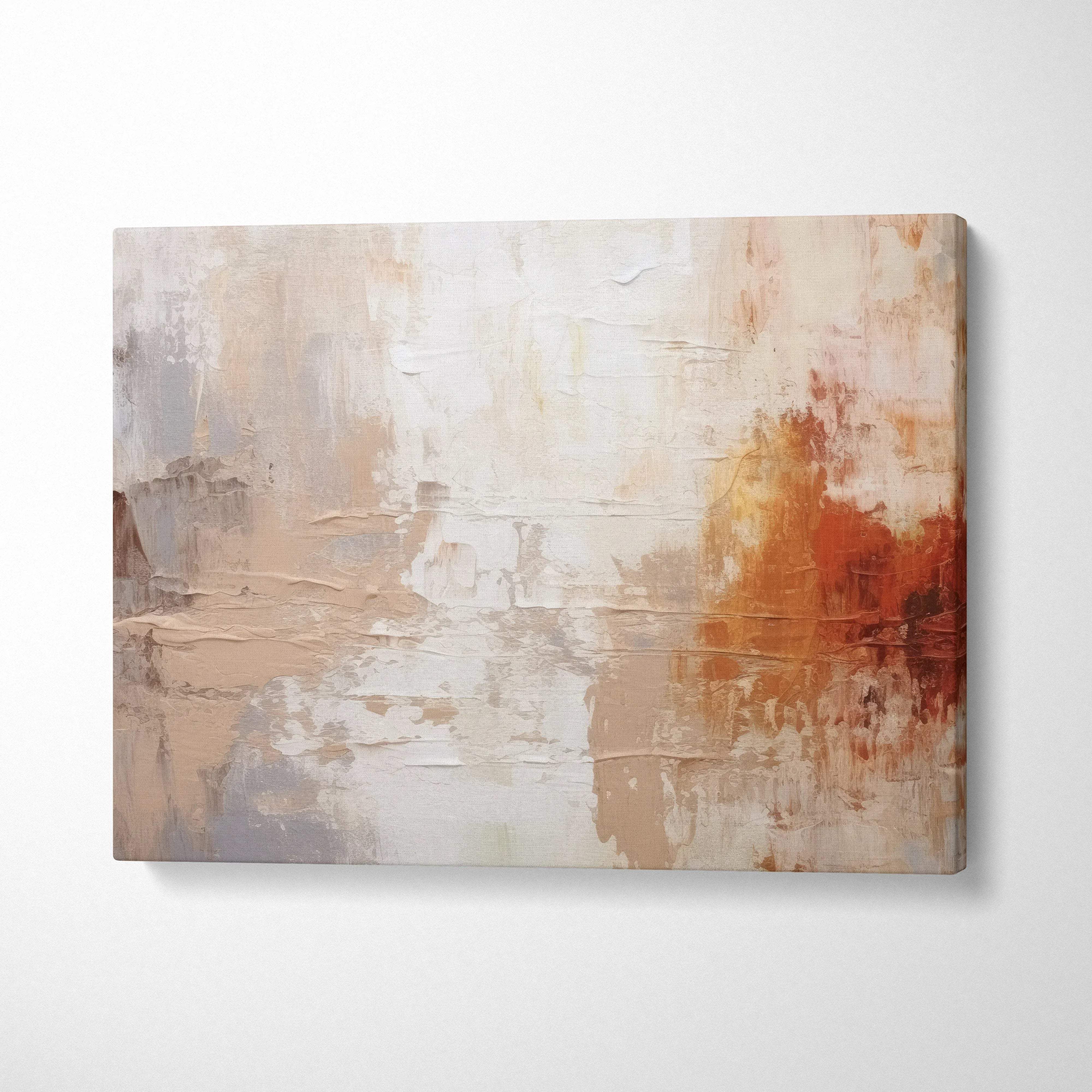 Abstract canvas art with textured beige, white, and warm rust tones wall art on stretched canvas.