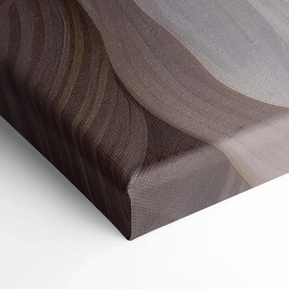 Canvas wall art with abstract digital design in flowing brown and taupe curves.