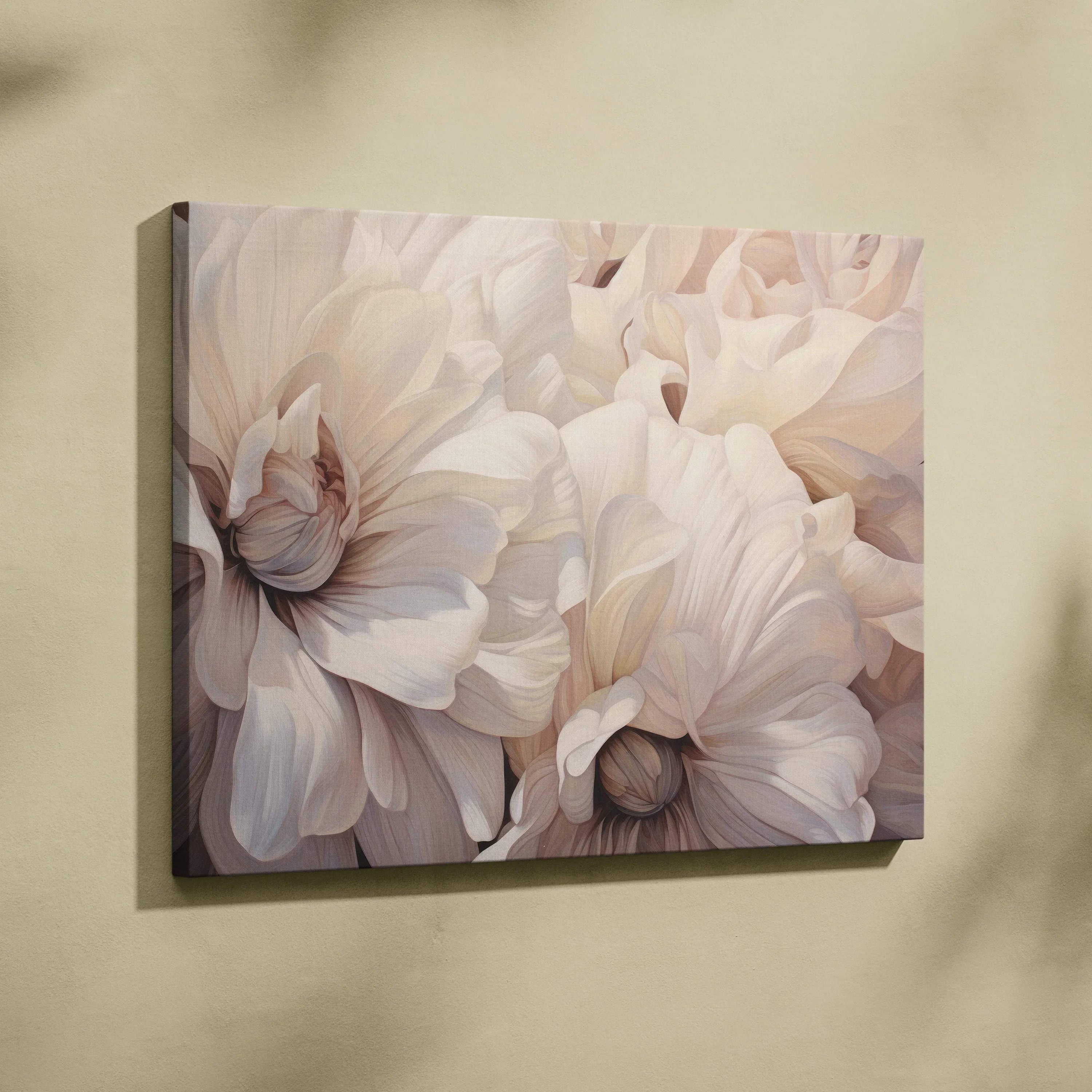Soft pastel floral abstract digital canvas wall art with delicate white and blush petals.
