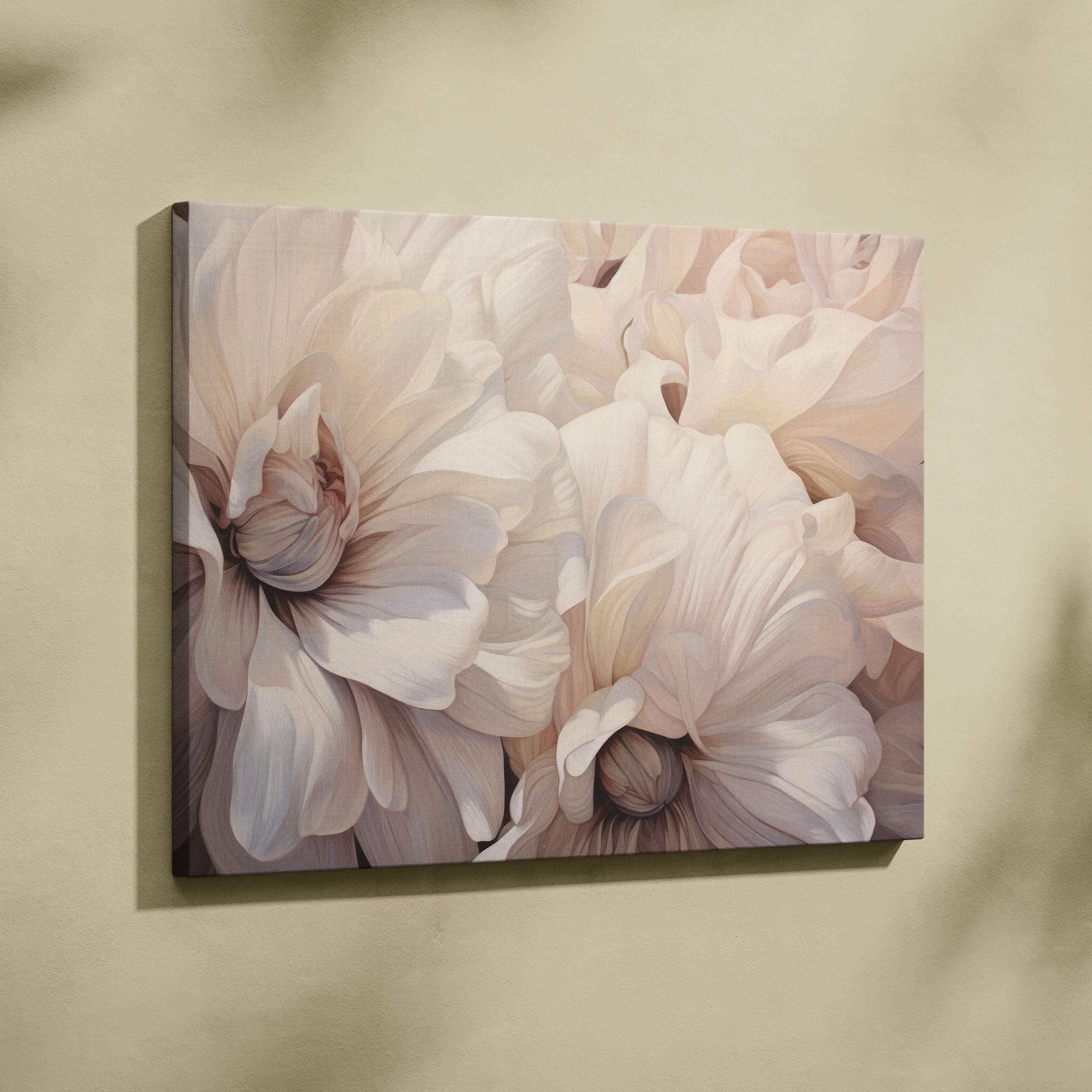 A soft beige canvas print of delicate white and pale pink peonies with creamy neutral tones for living room decor