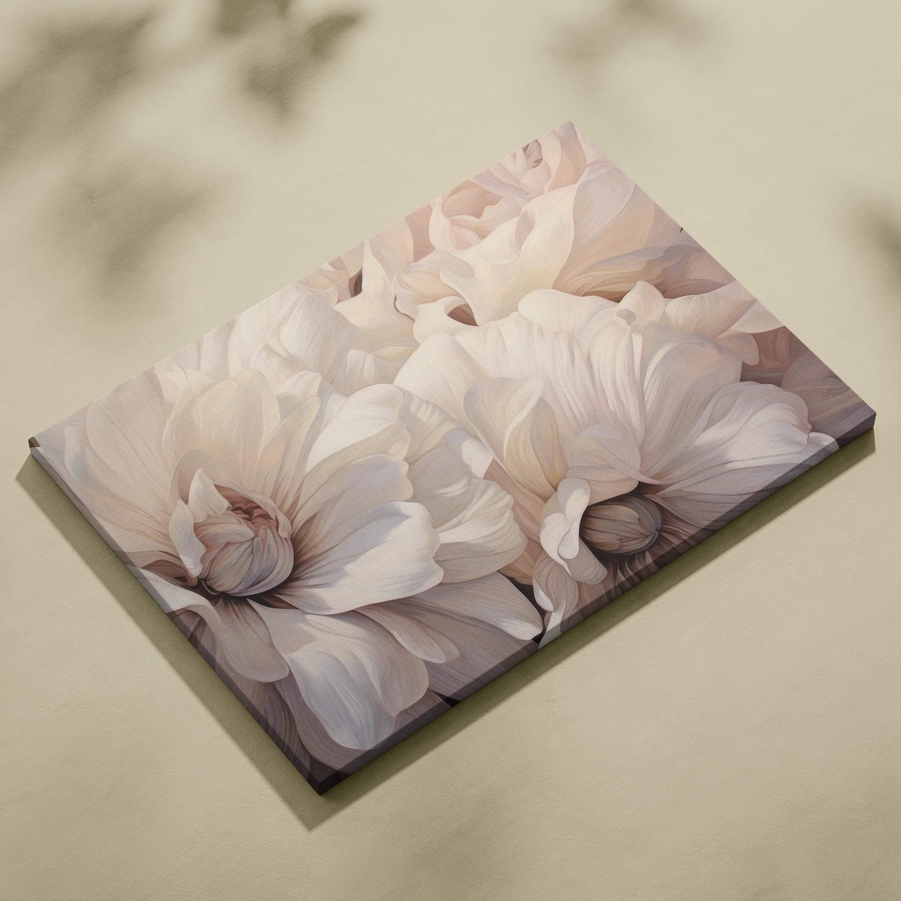Canvas wall art featuring soft, pale pink and white abstract floral design with delicate, layered petals.