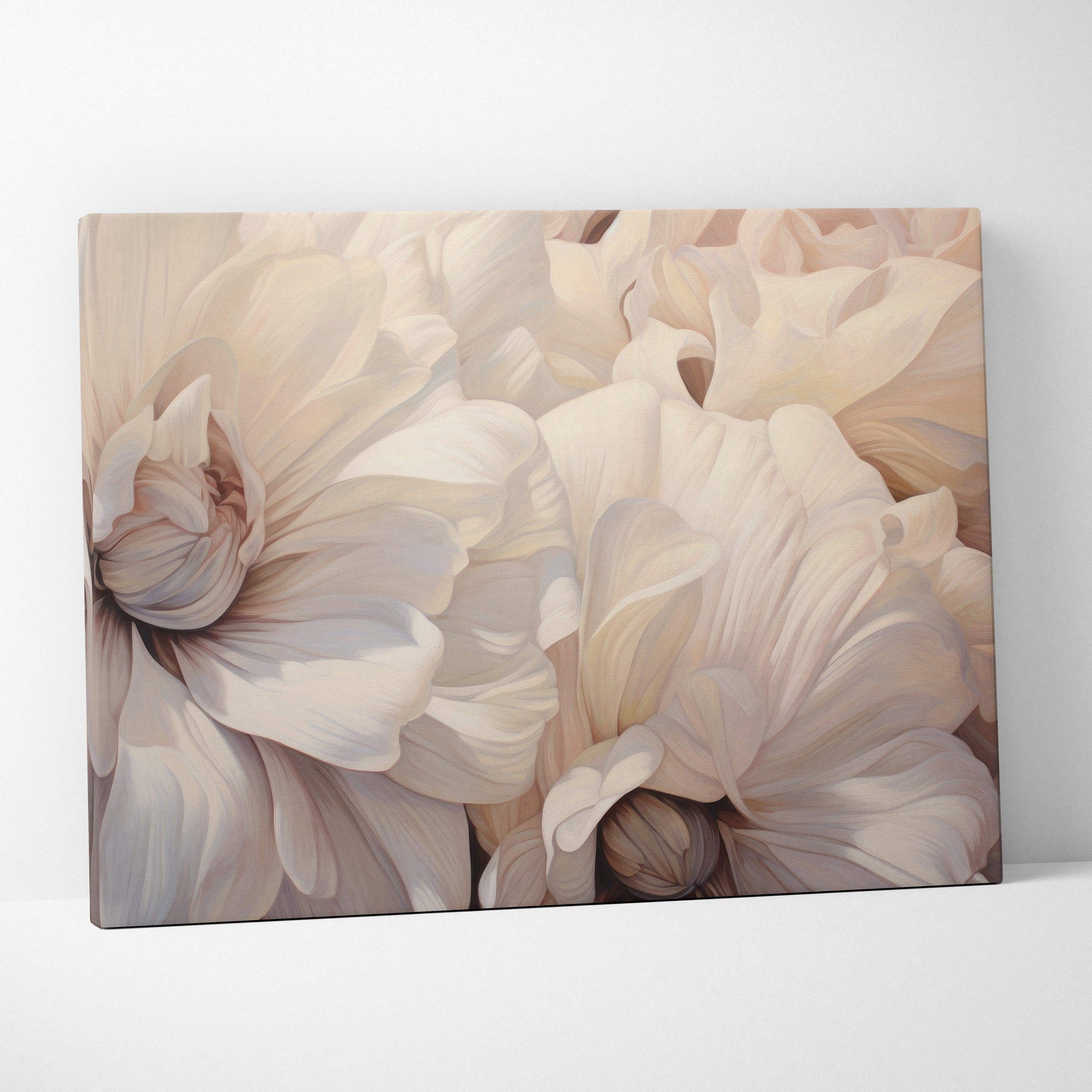 Canvas wall art featuring soft beige and cream abstract floral shapes with delicate shading and folds.