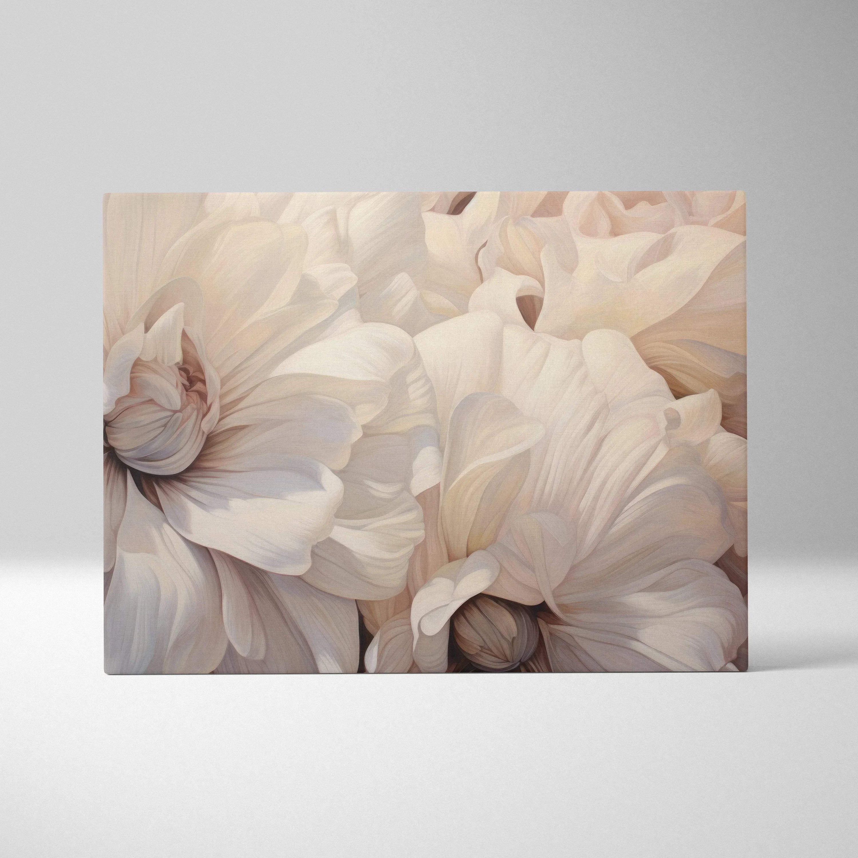 Canvas wall art featuring soft, abstract floral shapes in muted beige and cream tones.