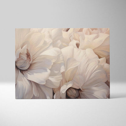 Canvas wall art featuring soft, abstract floral shapes in muted beige and cream tones.