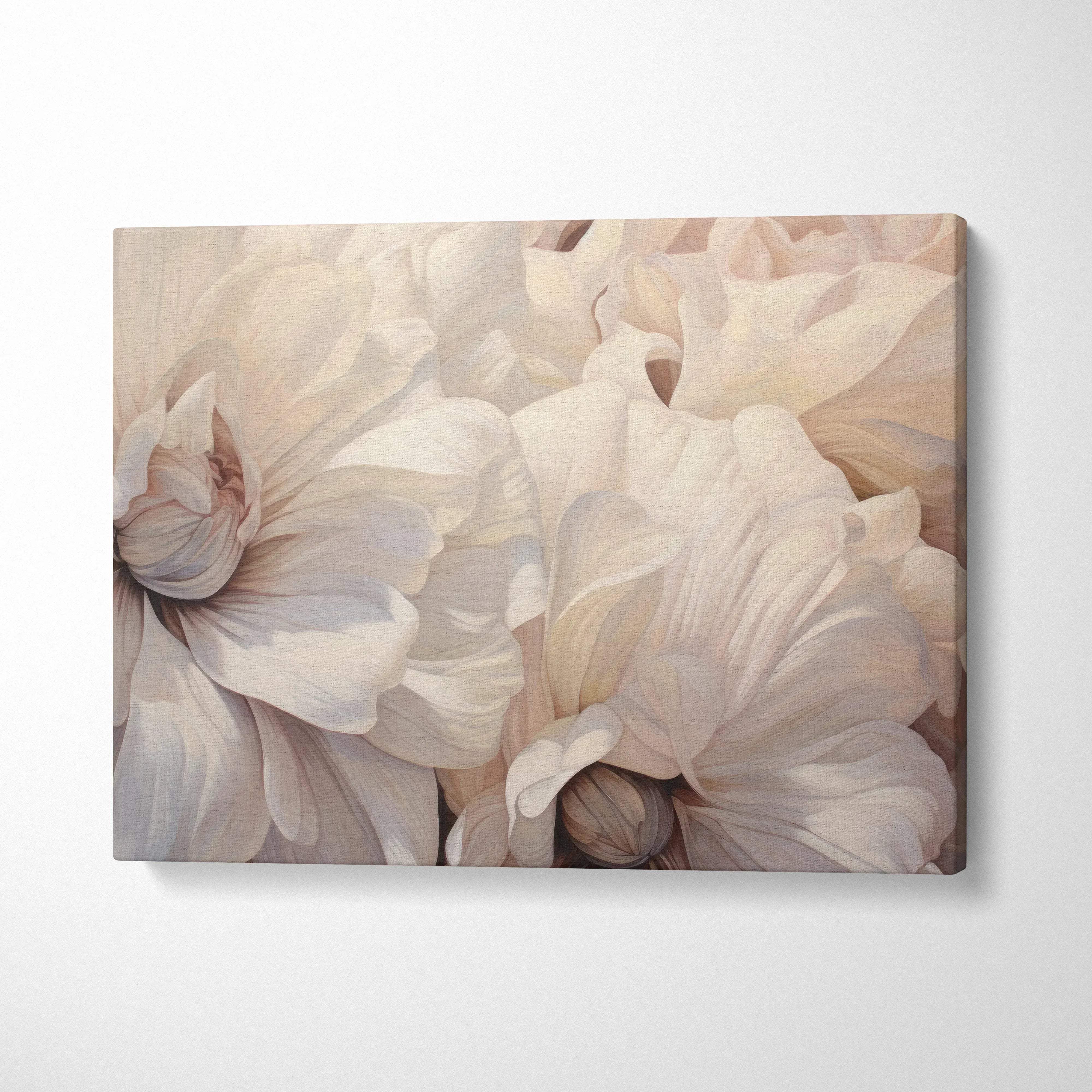 Neutral-toned abstract floral canvas art print with soft, flowing petals and textured brushstrokes on wall art canvas.