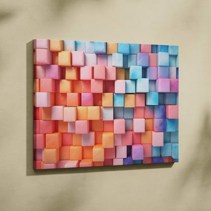 Colorful abstract digital canvas art featuring a 3D geometric pattern with vibrant pink, orange, blue, and purple tones.