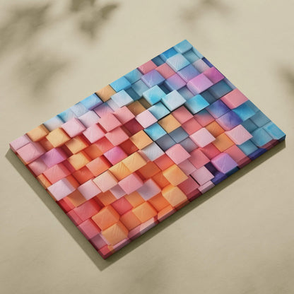 Colorful abstract digital canvas wall art with a 3D woven cube pattern in shades of pink, orange, blue, and purple.
