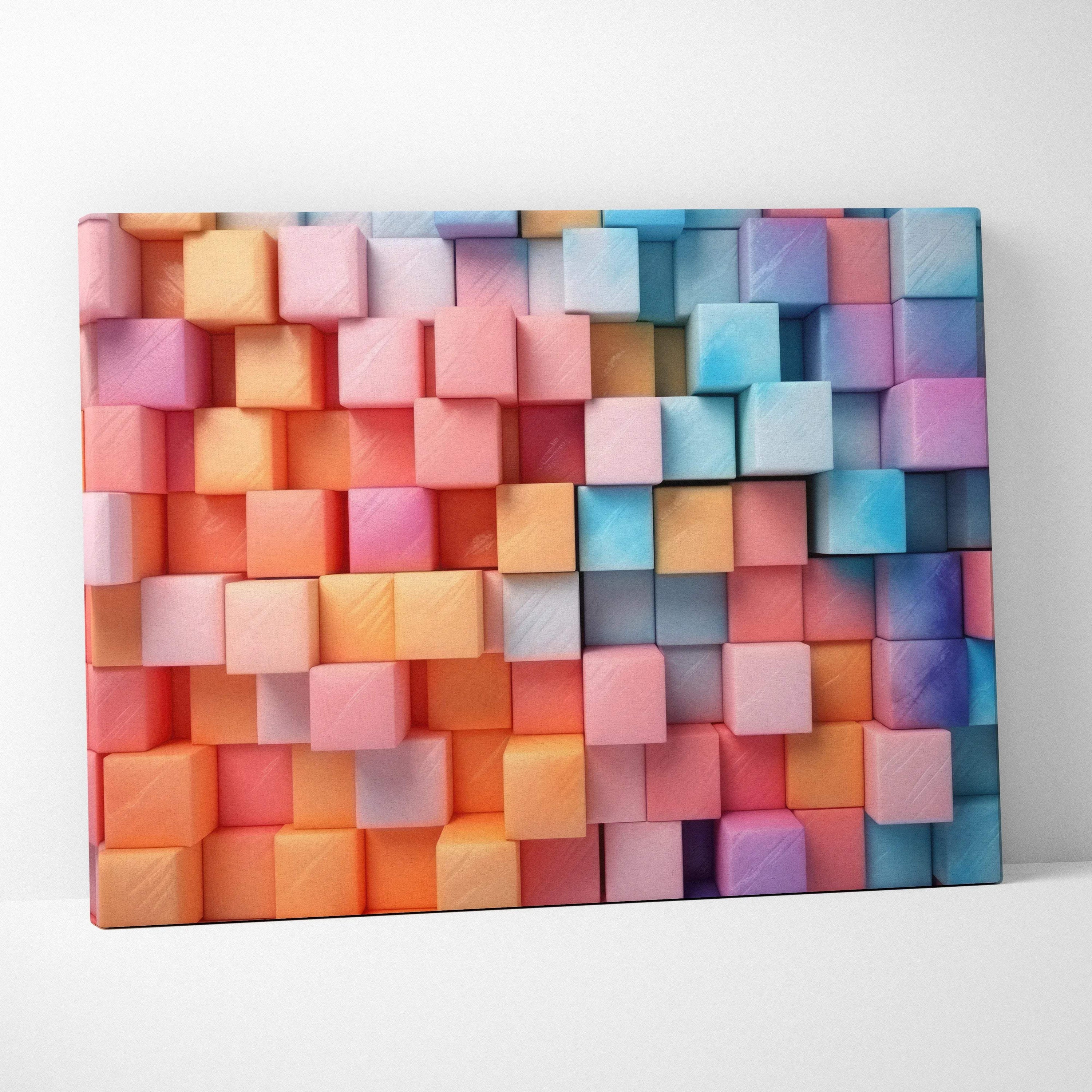 Colorful abstract digital canvas art featuring layered 3D cubes in pink, orange, blue, and purple tones.
