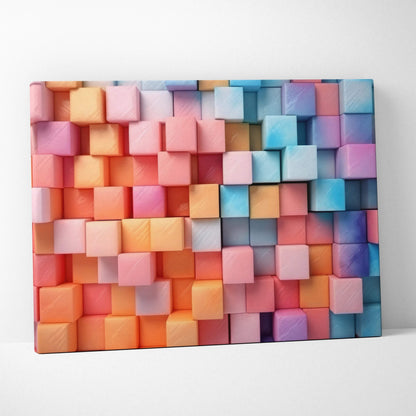 Colorful abstract digital canvas art featuring layered 3D cubes in pink, orange, blue, and purple tones.