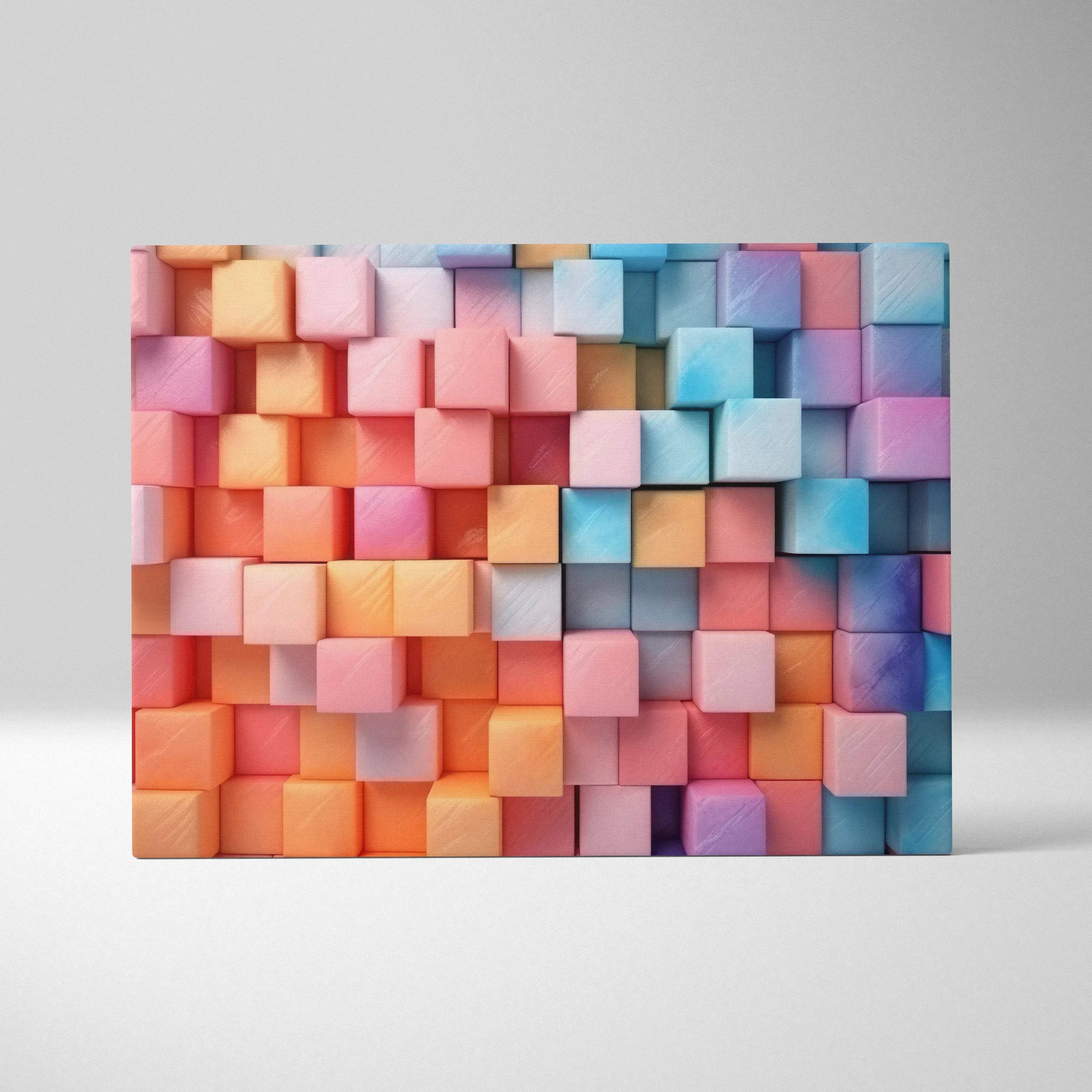 Colorful abstract digital canvas art featuring 3D block shapes in warm and cool tones.