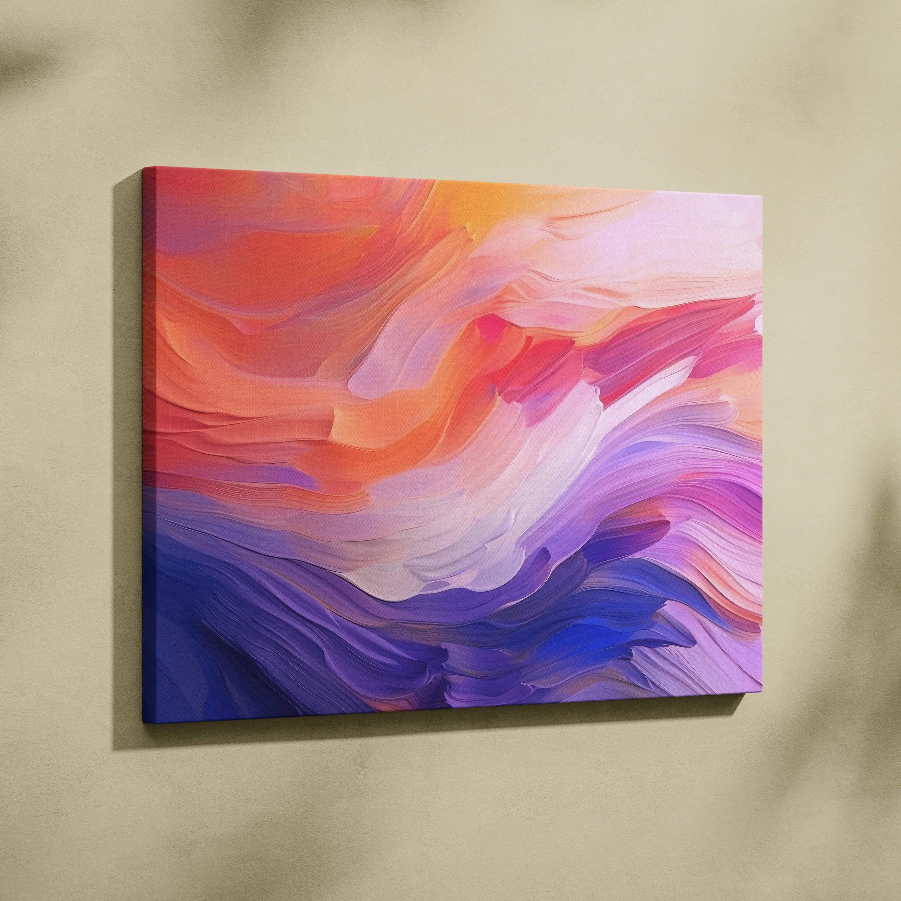 Abstract canvas art with swirling vibrant hues of orange, pink, purple, and blue, modern digital wall art design.
