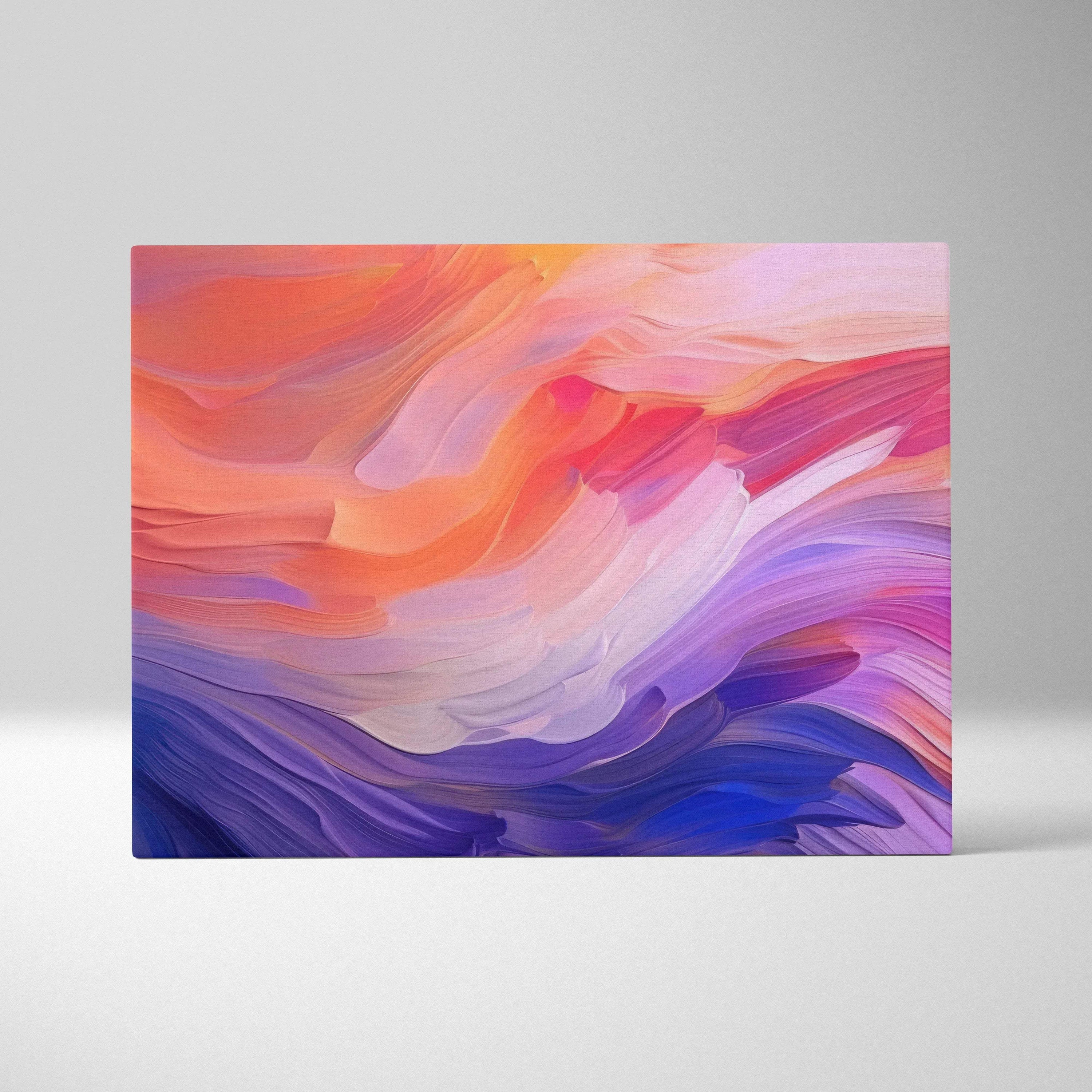 Abstract digital art canvas wall art with flowing orange, pink, purple, and blue brushstrokes.